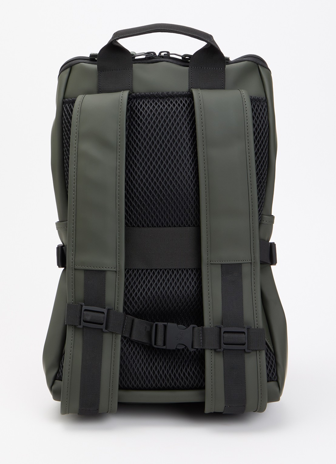 Rains Texel Cargo rugzak met 16 inch laptopvak en waterafstotende coating - achterkant 2 groen