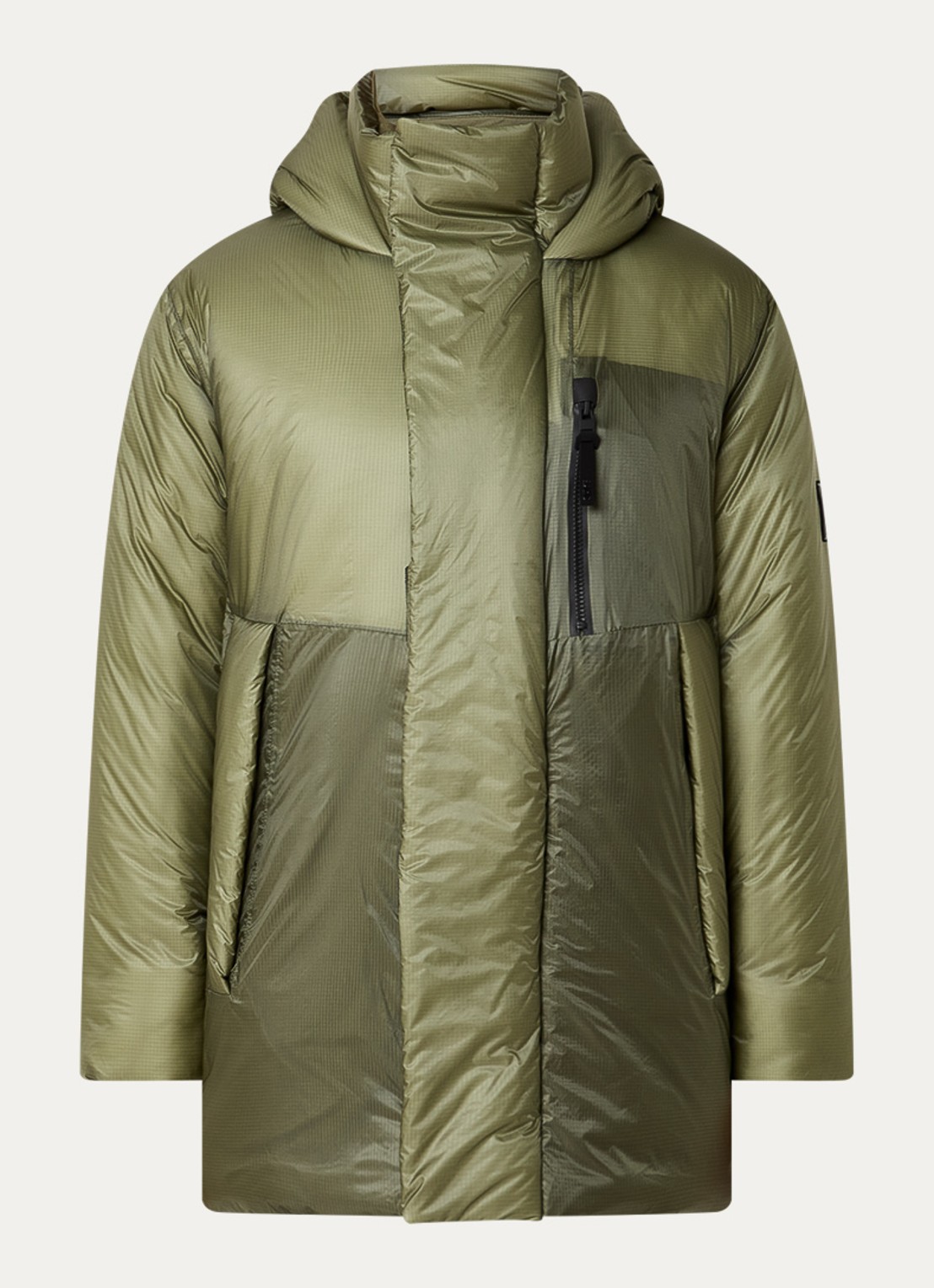 Rains Torna puffer jas met capuchon en ritszakken  - voorkant legergroen