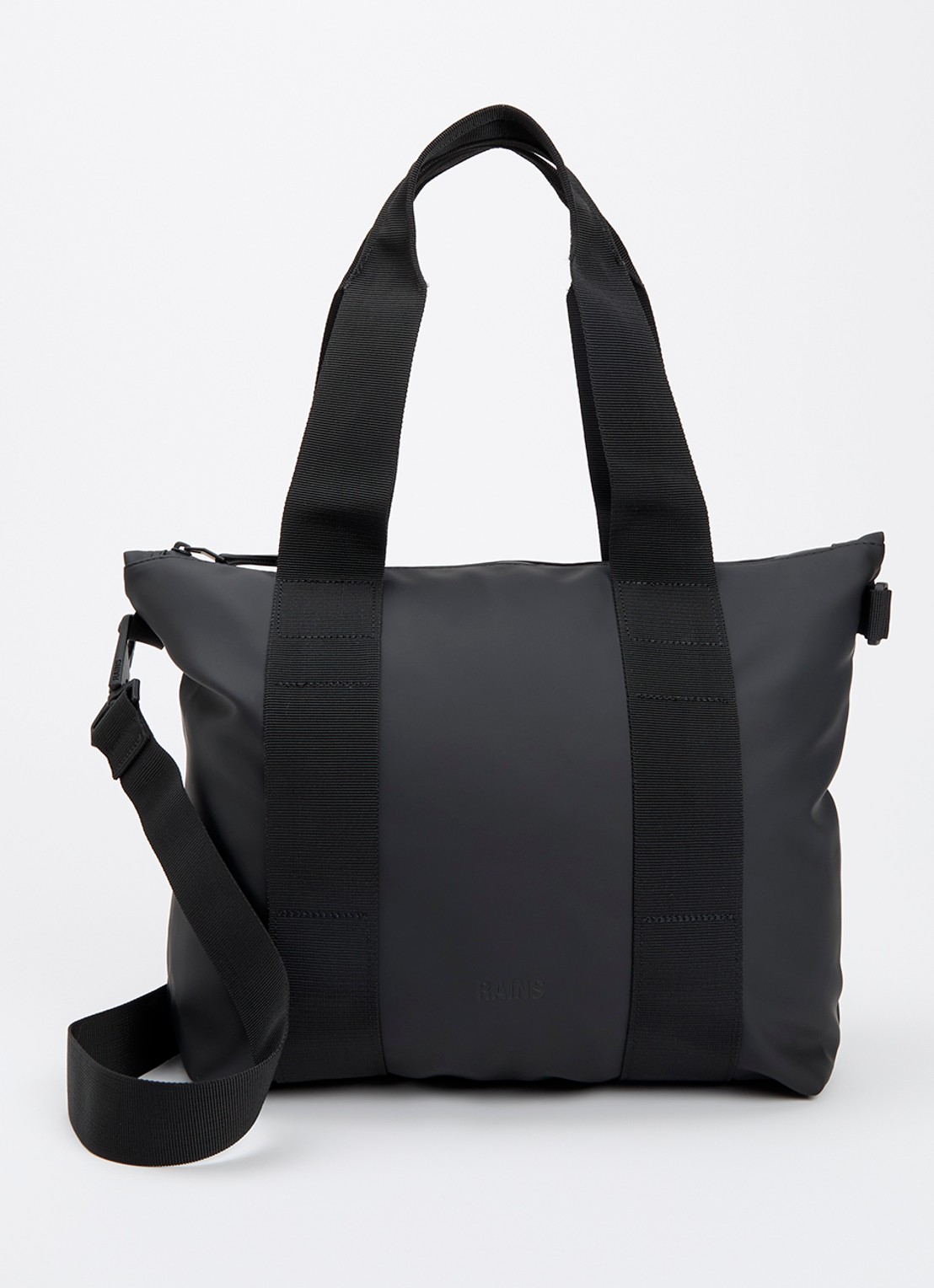 Rains Tote Micro W3 schoudertas met afneembare schouderriem en waterafstotende coating - voorkant zwart