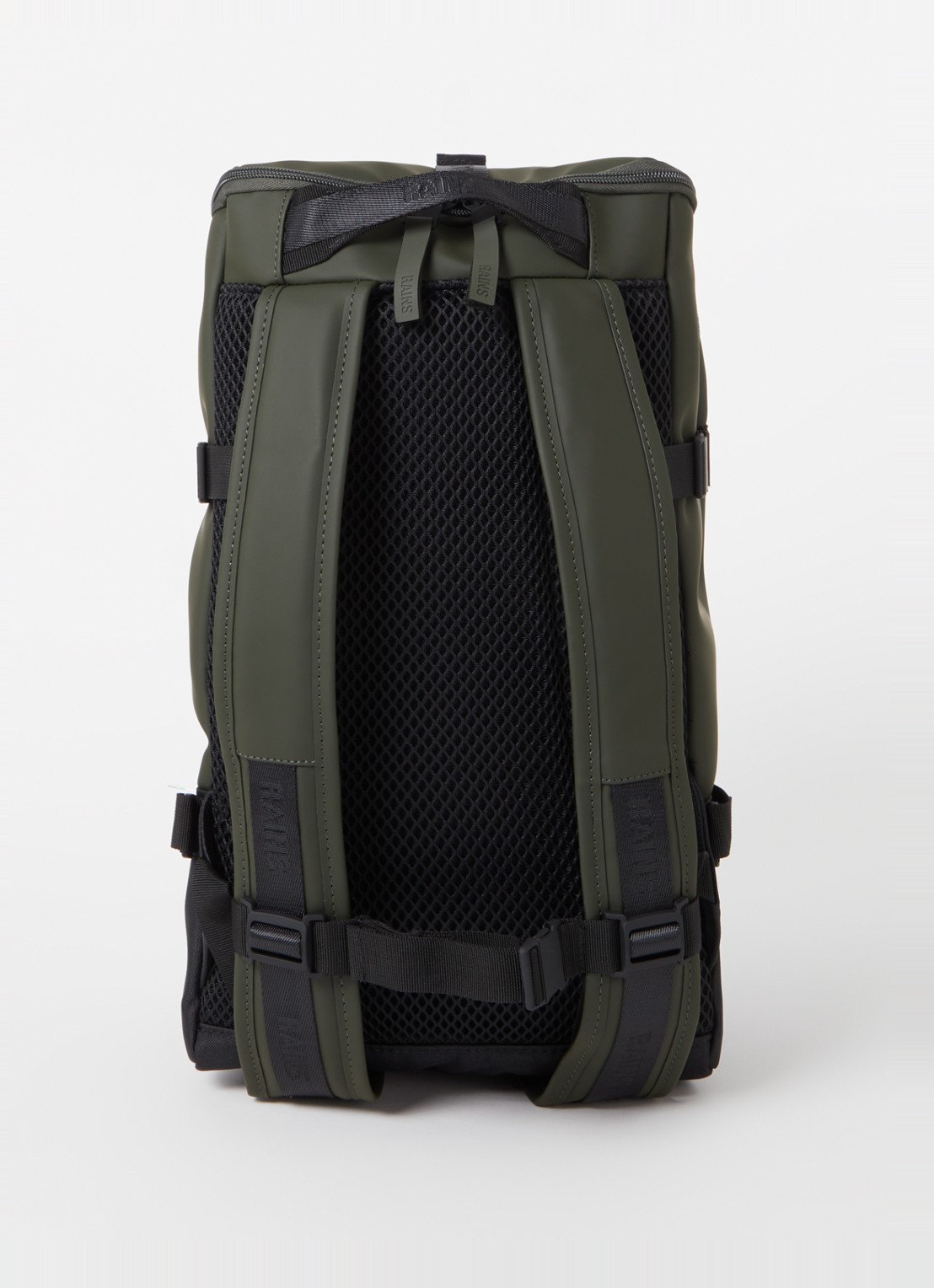 Rains Trail Cargo rugzak met 13 inch laptopvak en waterafstotende coating - achterkant 2 donkergroen