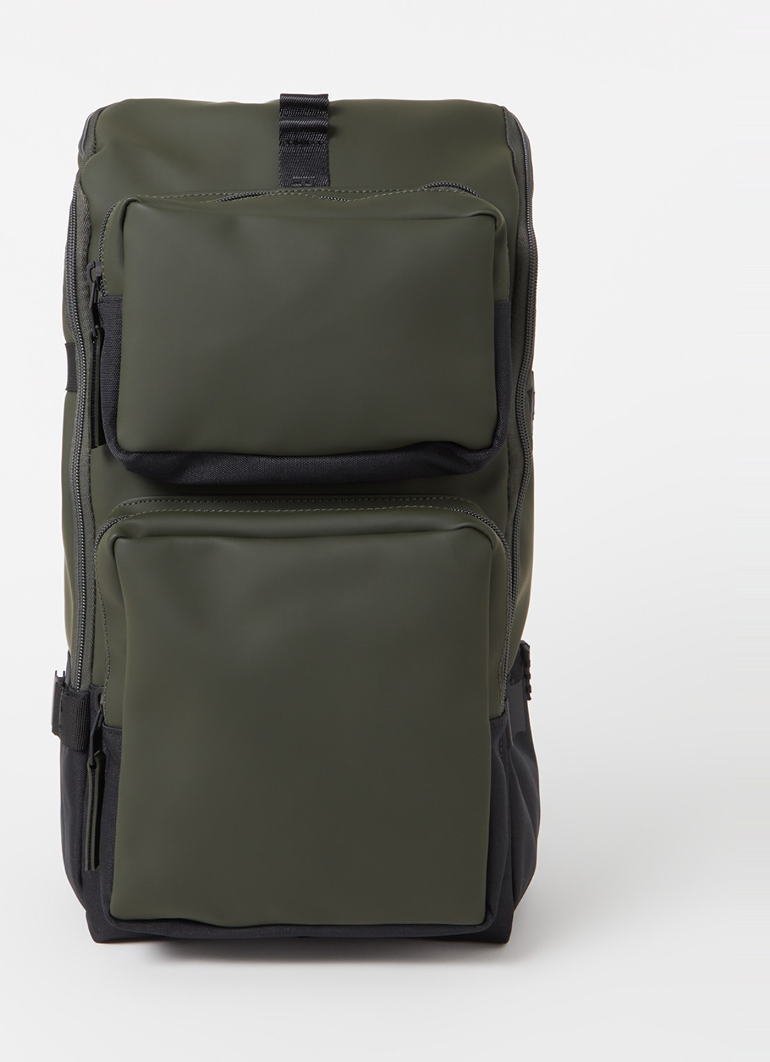 Rains Trail Cargo rugzak met 13 inch laptopvak en waterafstotende coating - voorkant donkergroen