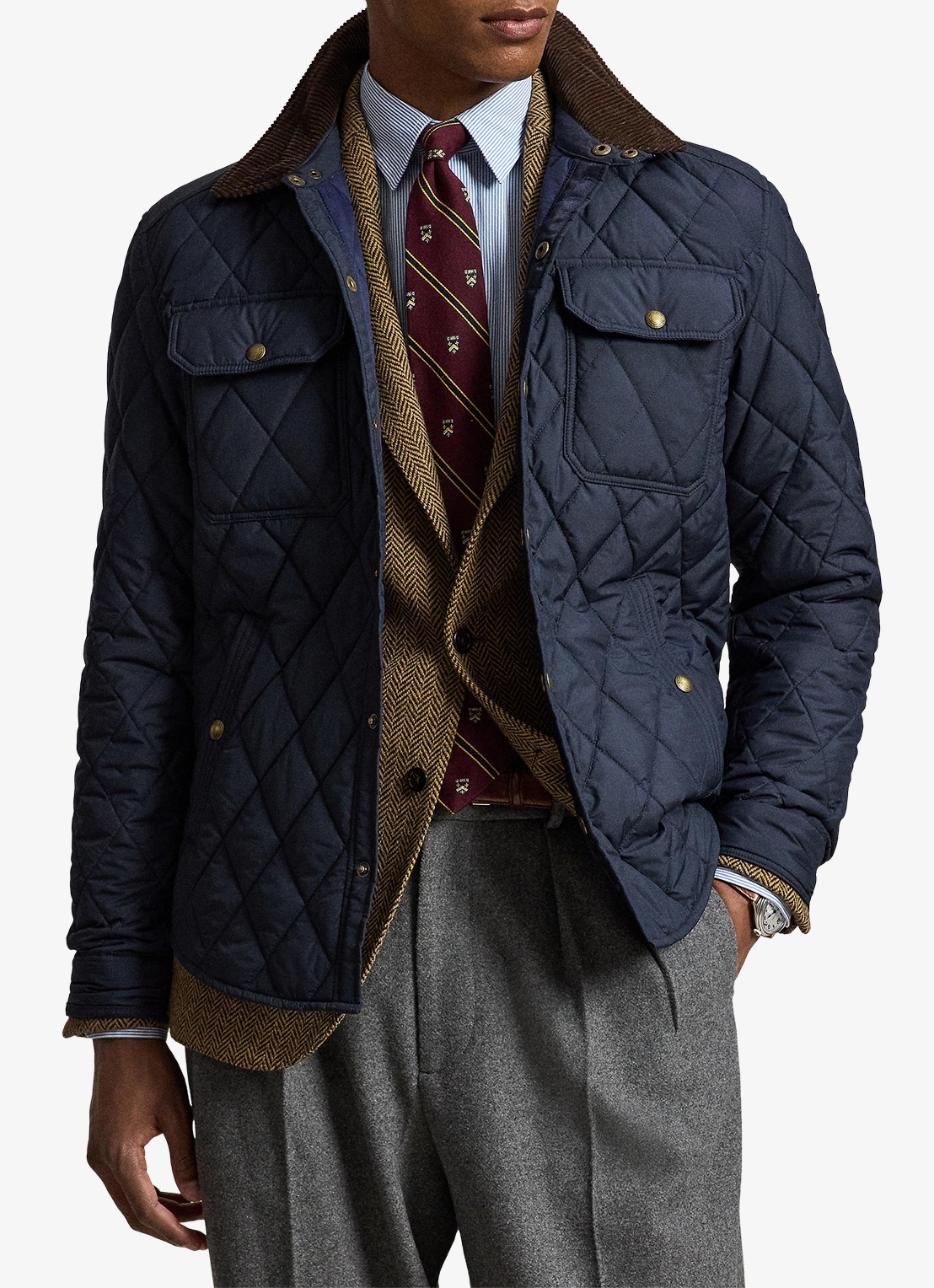 Ralph Lauren Beaton gewatteerd jack met details van corduroy - voorkant 3 college navy / donkerblauw