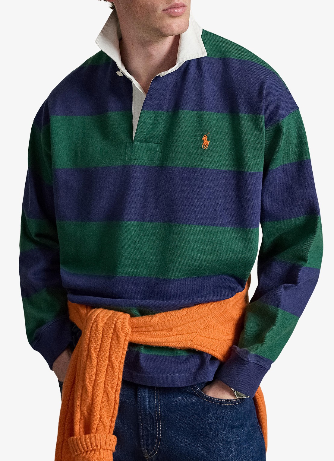 Ralph Lauren Big fit rugbyshirt van jersey met polokraag - voorkant 3 prk green/drk cblt / groen