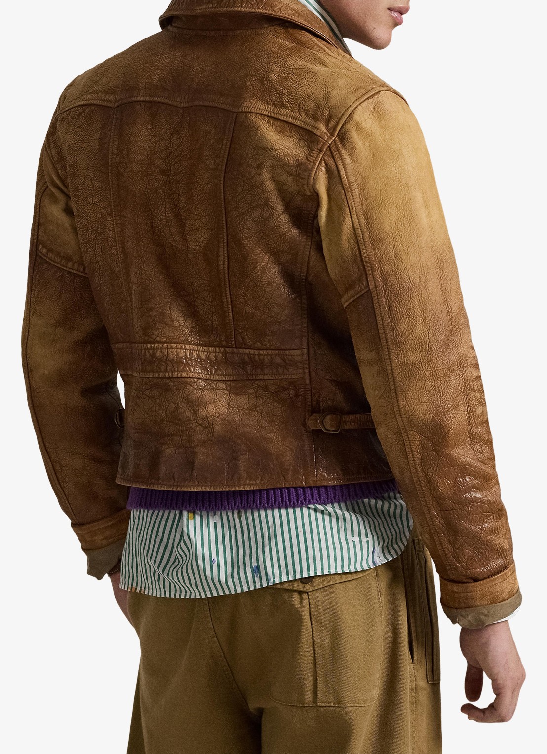 Ralph Lauren Bikerjack van leer met ritszakken - achterkant brown x / bruin