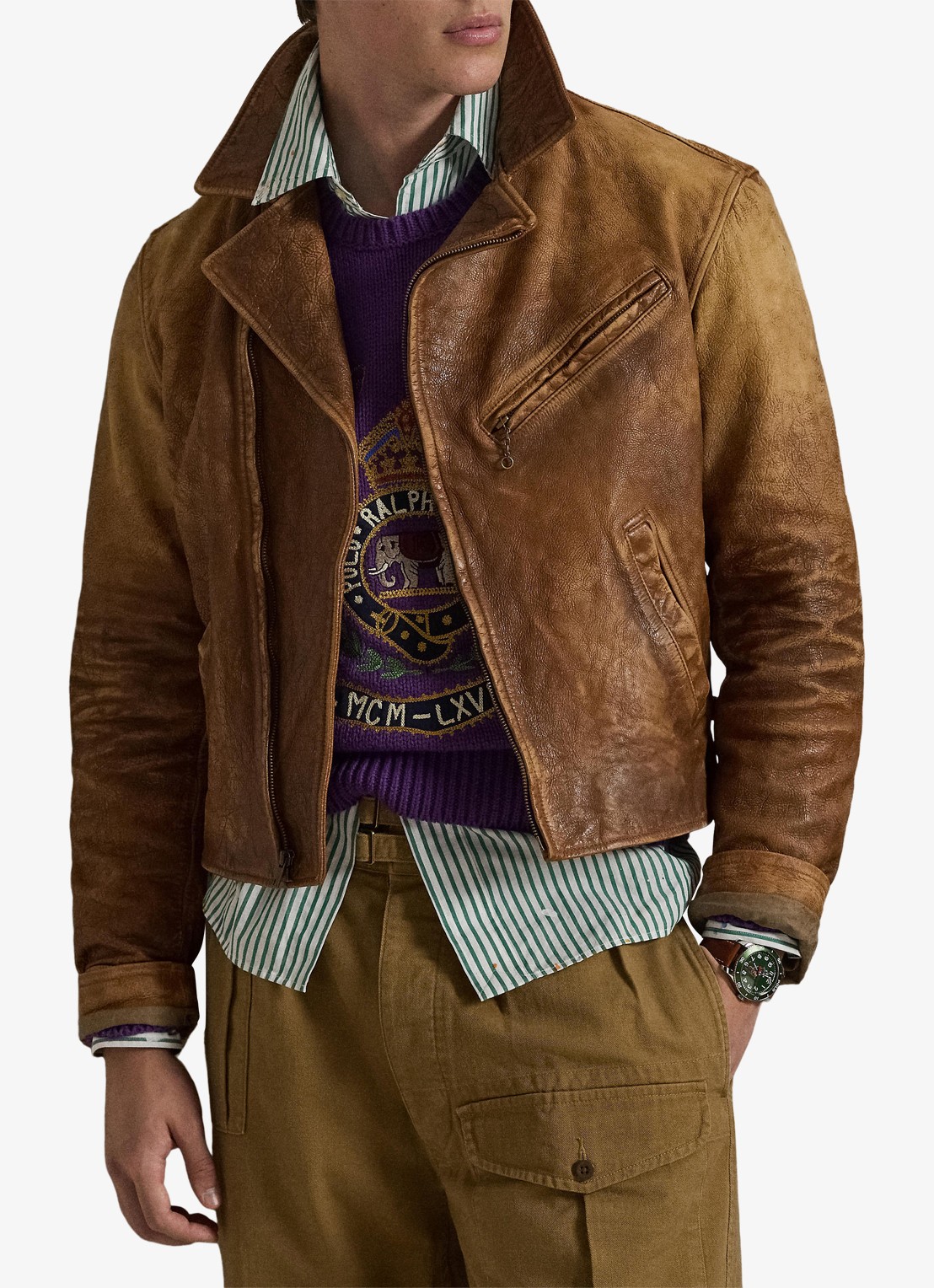Ralph Lauren Bikerjack van leer met ritszakken - voorkant 3 brown x / bruin