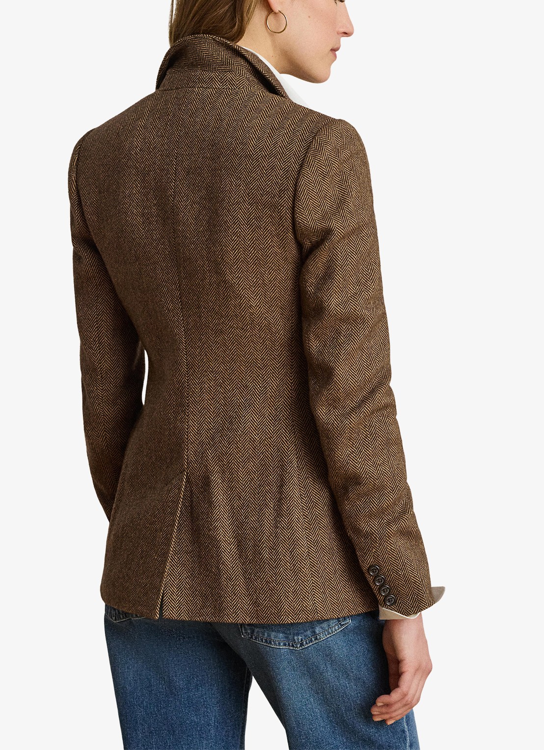 Ralph Lauren Blazer in wolblend met visgraat dessin en klepzakken - achterkant 3 brown/tan multi / bruin