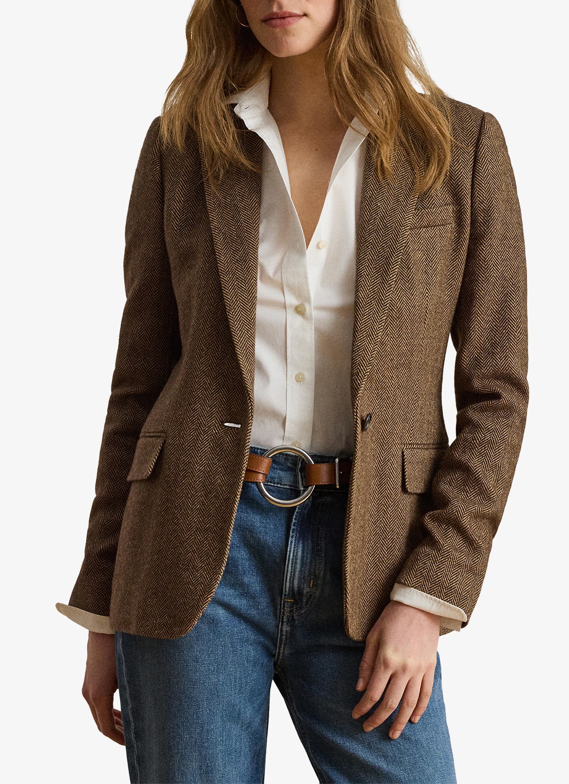 Ralph Lauren Blazer in wolblend met visgraat dessin en klepzakken - detail 4 brown/tan multi / bruin
