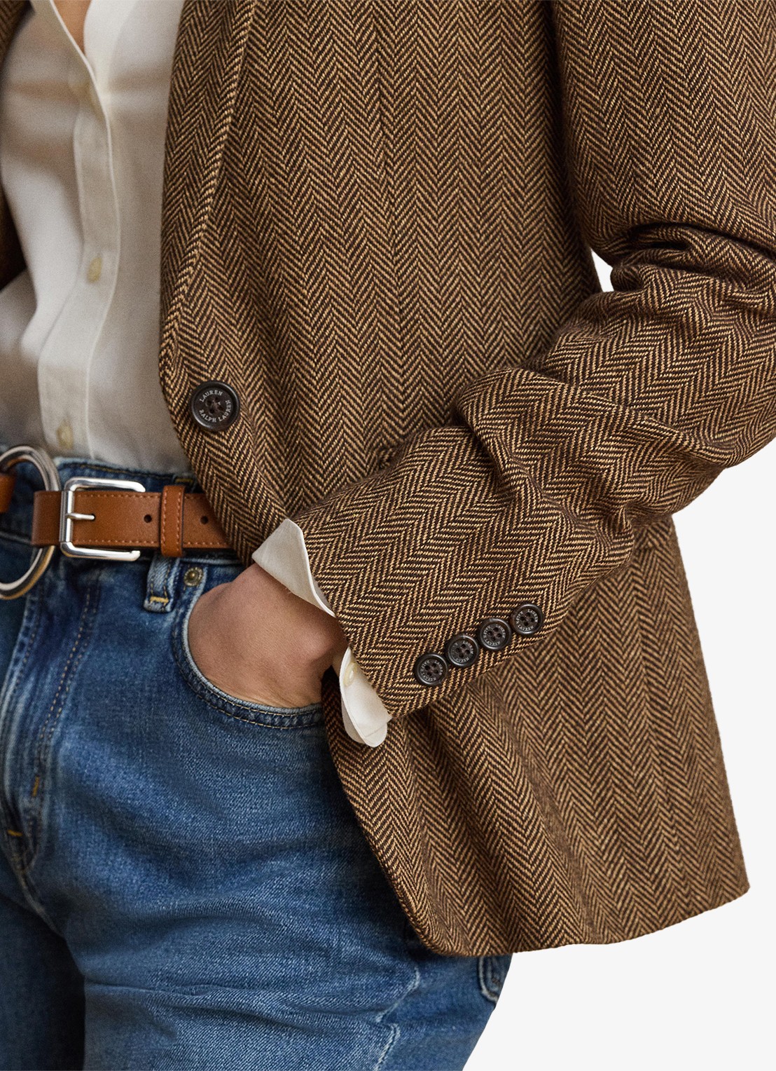 Ralph Lauren Blazer in wolblend met visgraat dessin en klepzakken - detail 5 brown/tan multi / bruin