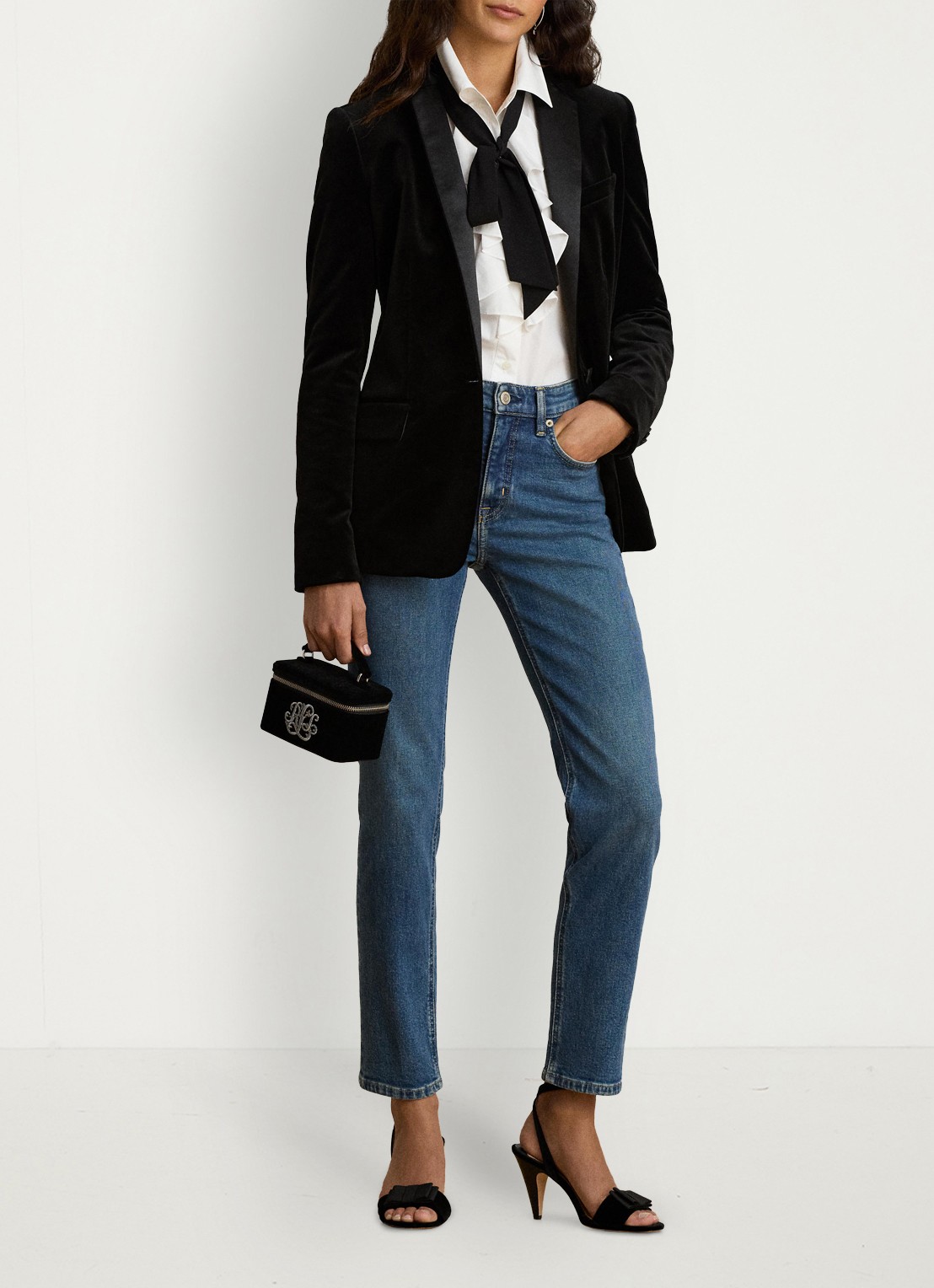 Ralph Lauren Blazer van fluweel met klepzakken - voorkant 2 black velvet / zwart