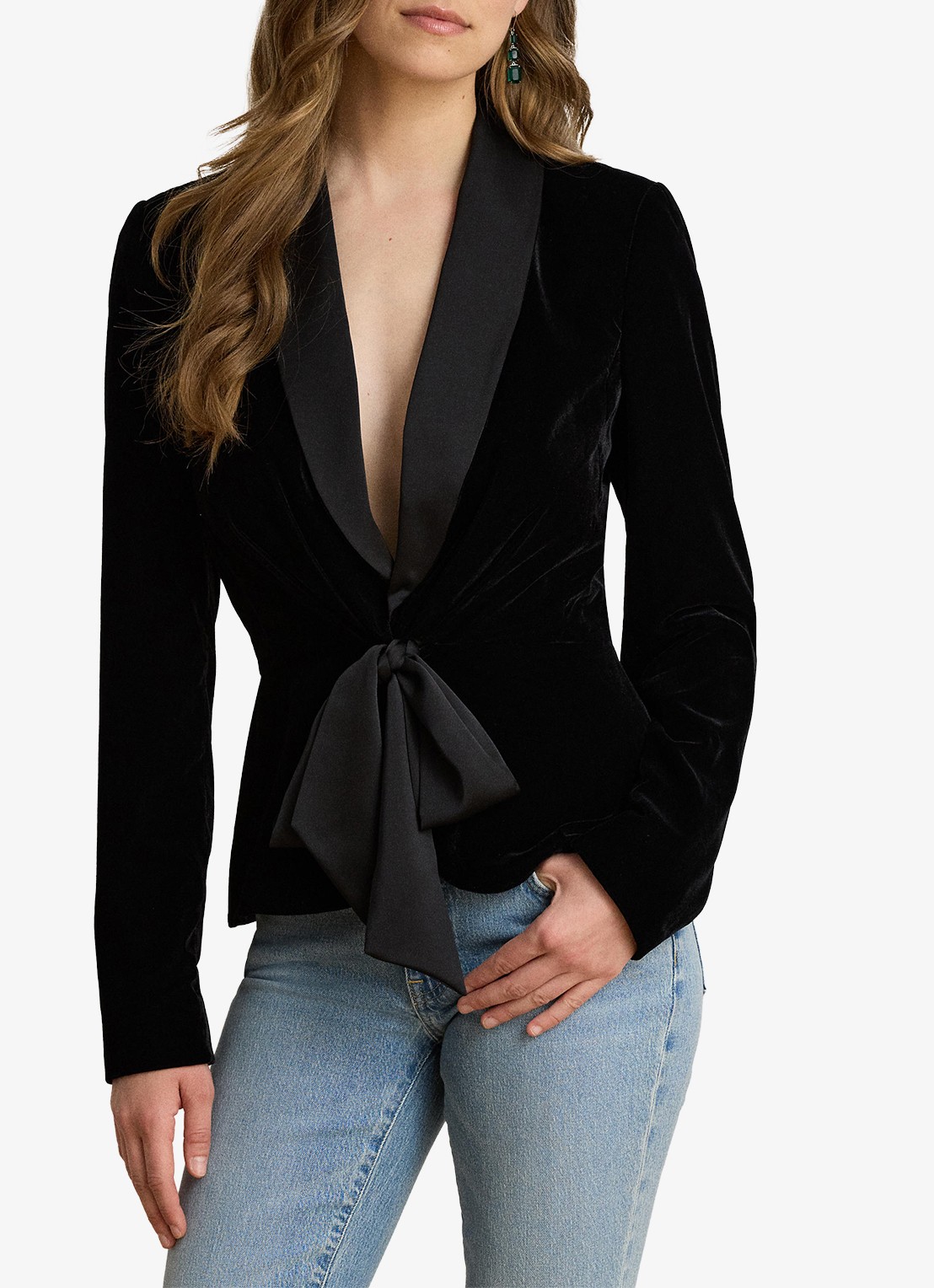 Ralph Lauren Blazer van fluweel met strikdetail - detail black velvet / zwart