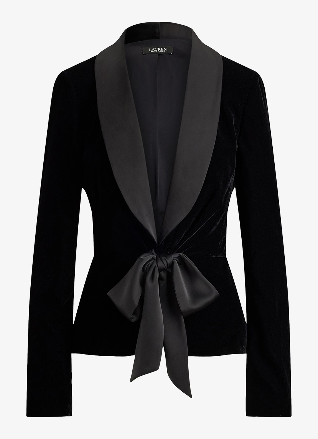 Ralph Lauren Blazer van fluweel met strikdetail - voorkant 4 black velvet / zwart