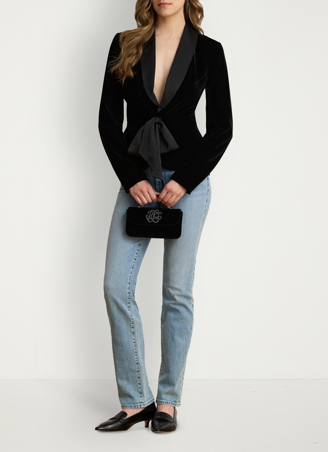 Ralph Lauren Blazer van fluweel met strikdetail - voorkant 5 black velvet / zwart