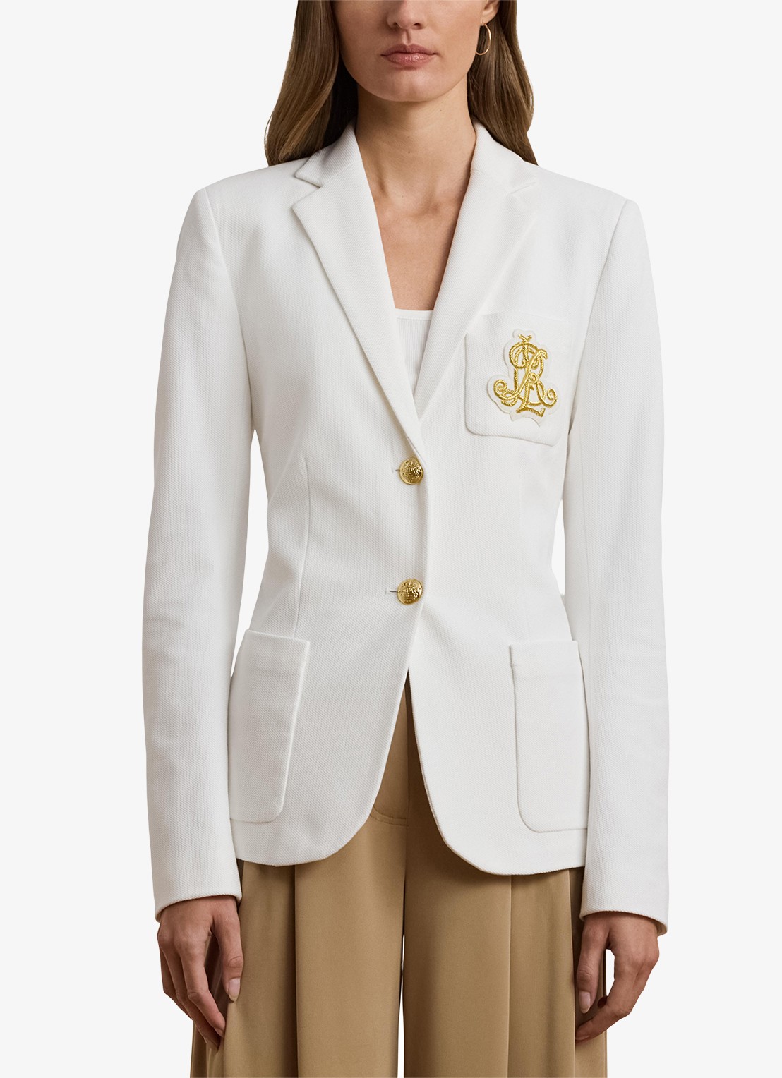 Ralph Lauren Blazer van piqué katoen met metallic logoborduring - detail 4 white / wit