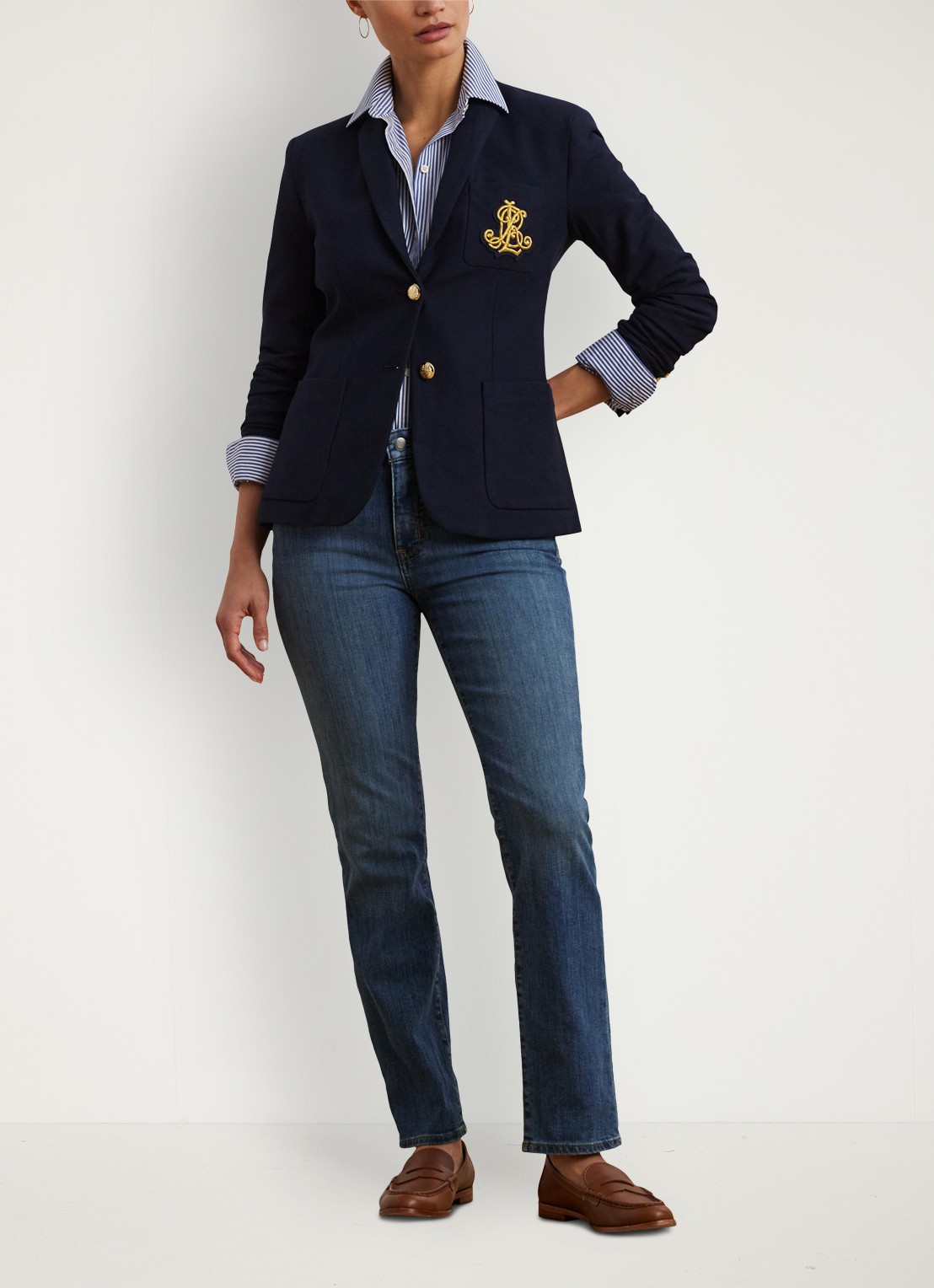 Ralph Lauren Blazer van piqué katoen met metallic logoborduring - voorkant 2 lauren navy / blauw