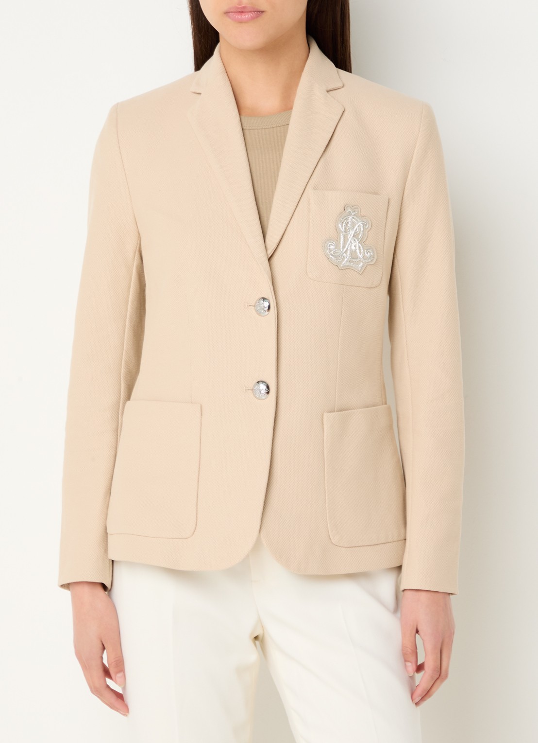 Ralph Lauren Blazer van piqué katoen met metallic logoborduring - detail explore sand / beige