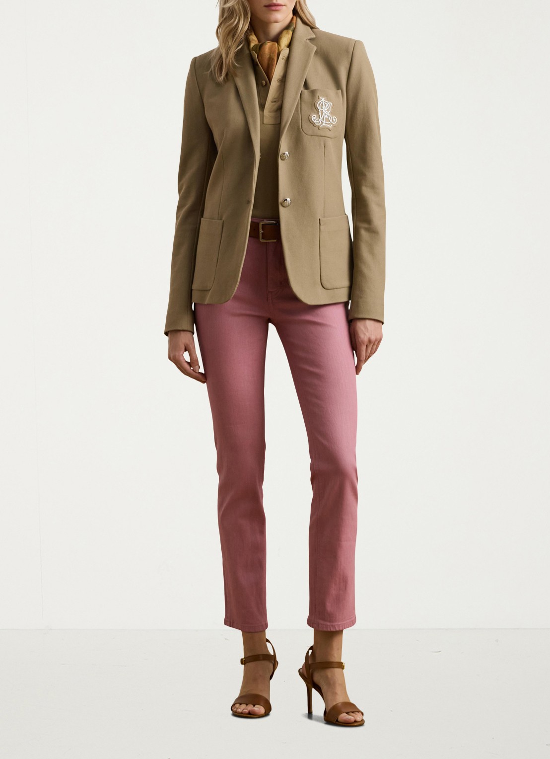Ralph Lauren Blazer van piqué katoen met metallic logoborduring - voorkant 2 madison tan / beige