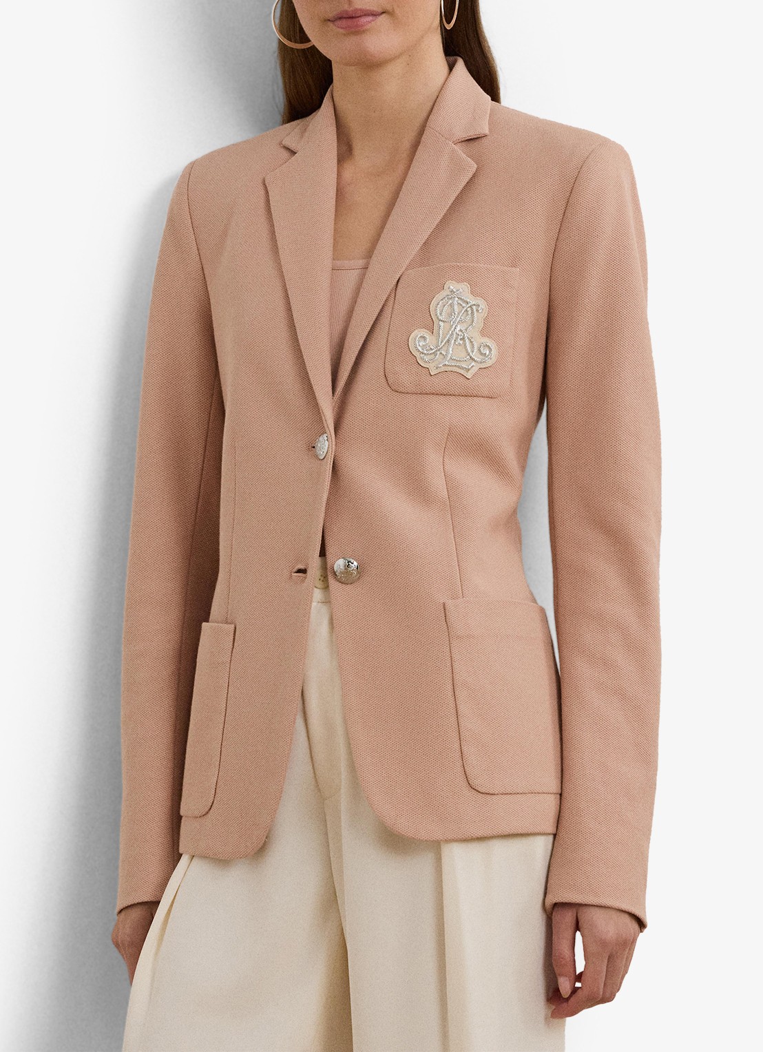 Ralph Lauren Blazer van piqué katoen met metallic logoborduring - detail sunrise blush / roze