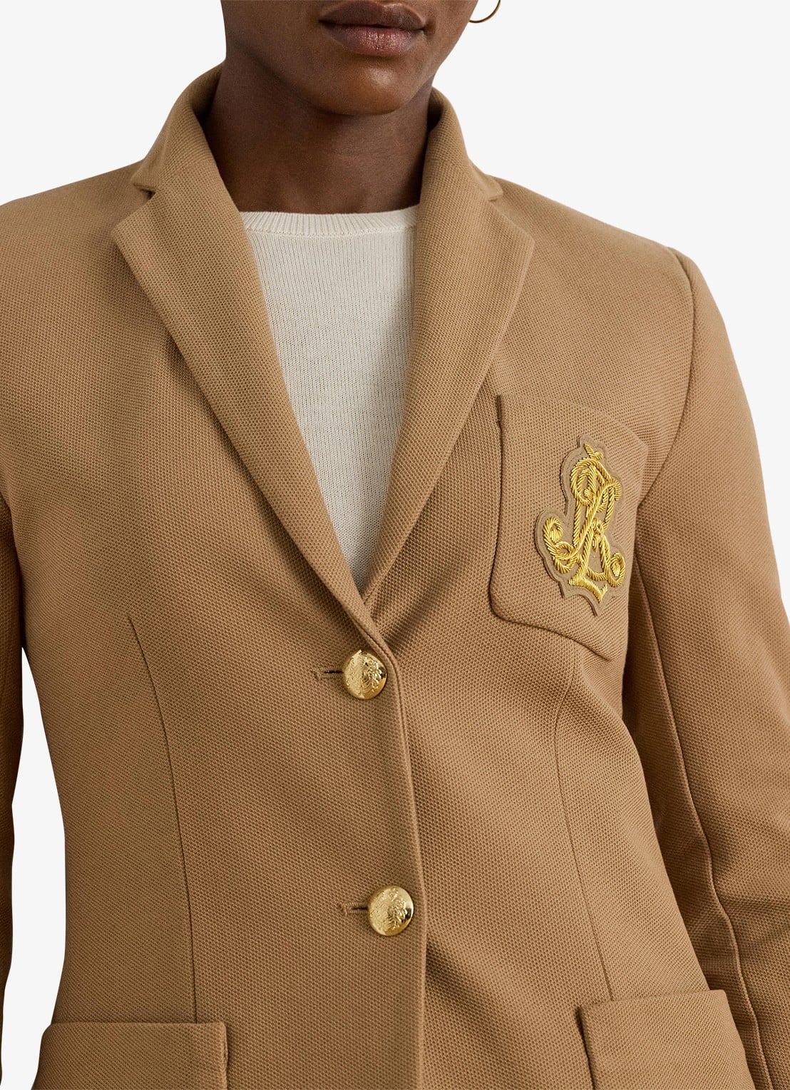 Ralph Lauren Blazer van piqué katoen met metallic logoborduring - detail 5 camel