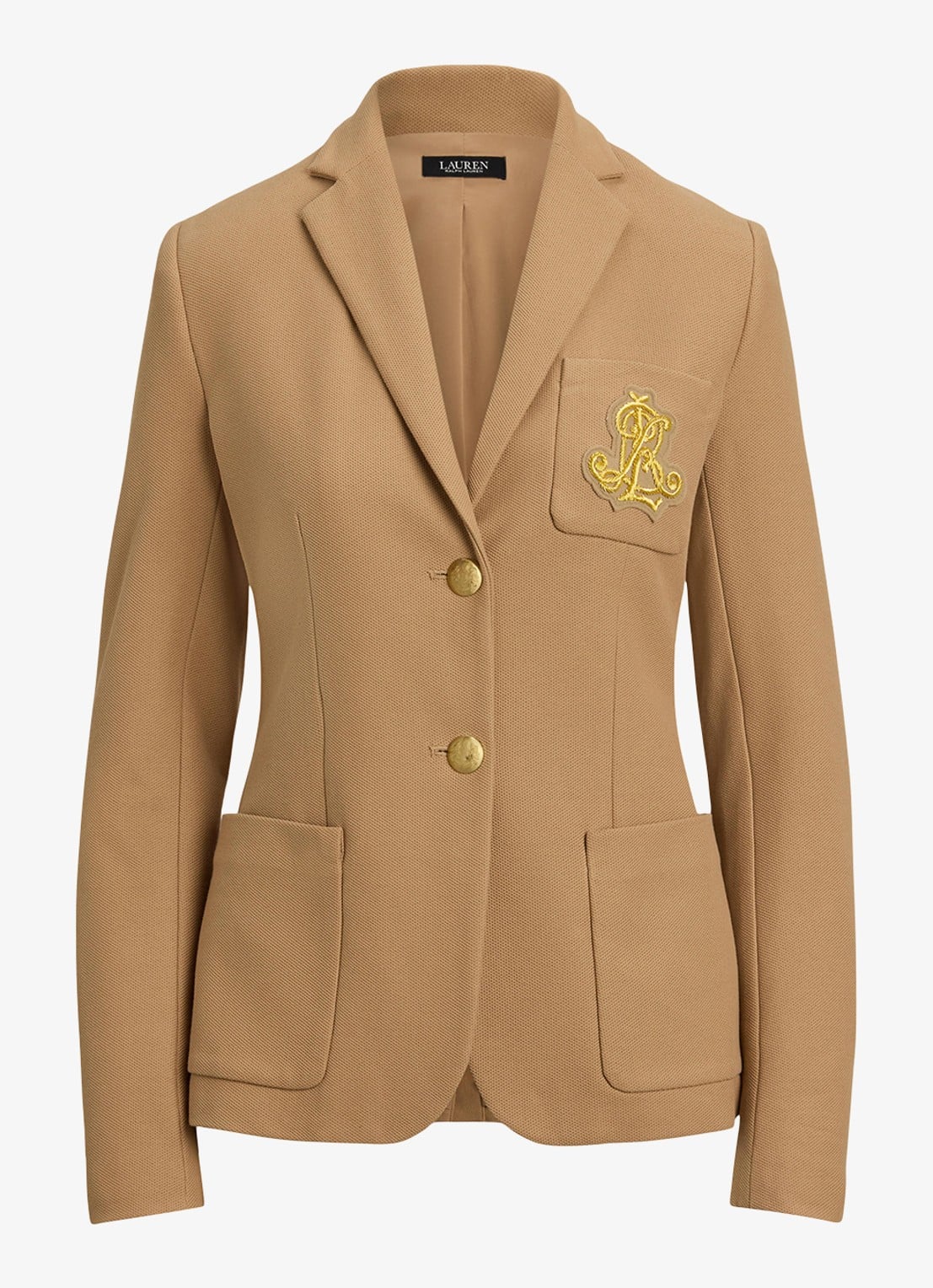 Ralph Lauren Blazer van piqué katoen met metallic logoborduring - voorkant camel