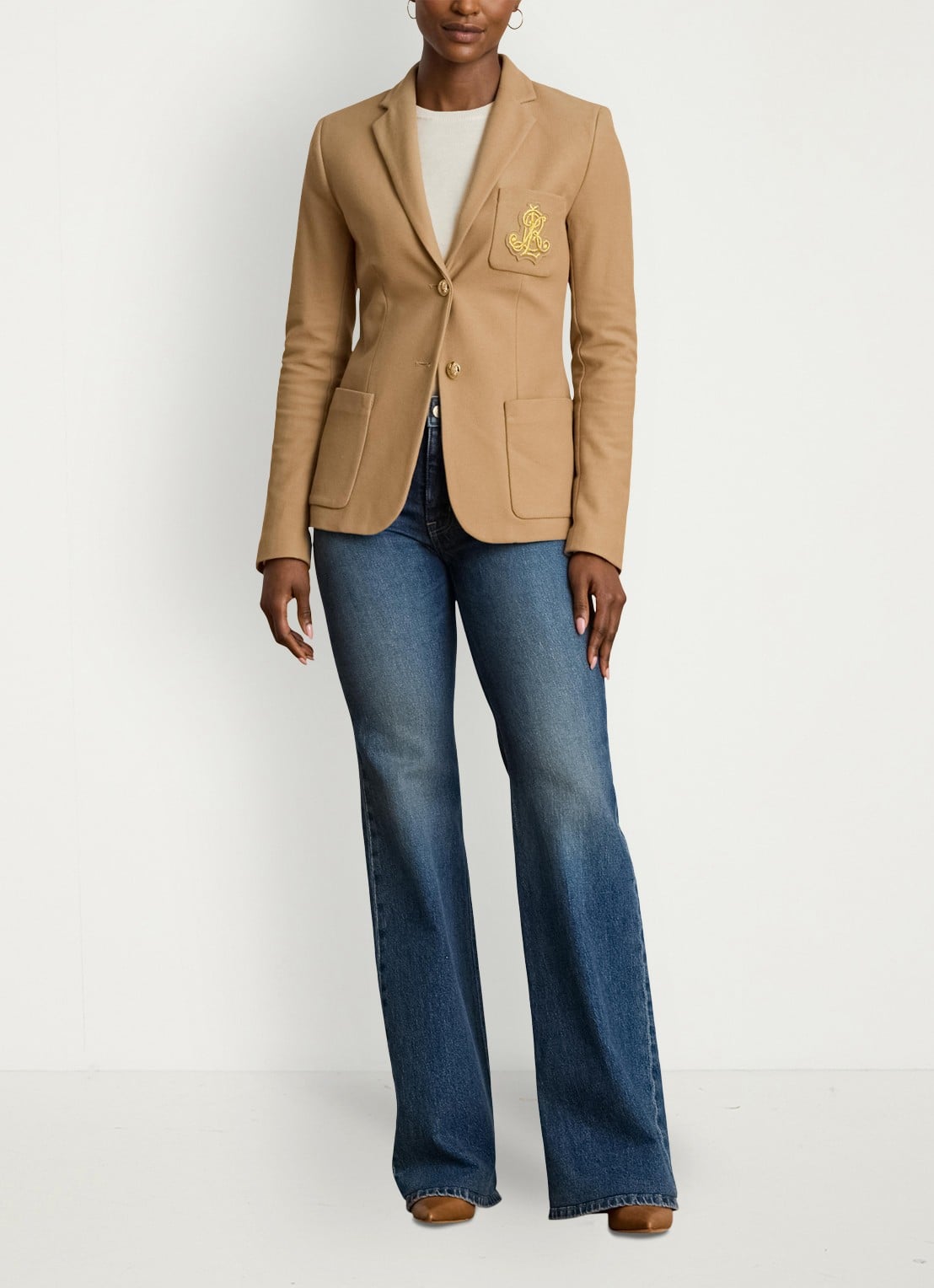 Ralph Lauren Blazer van piqué katoen met metallic logoborduring - voorkant 2 camel