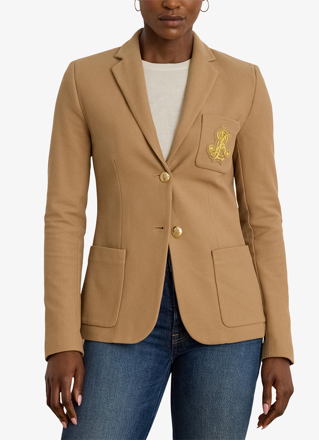 Ralph Lauren Blazer van piqué katoen met metallic logoborduring - detail 6 camel