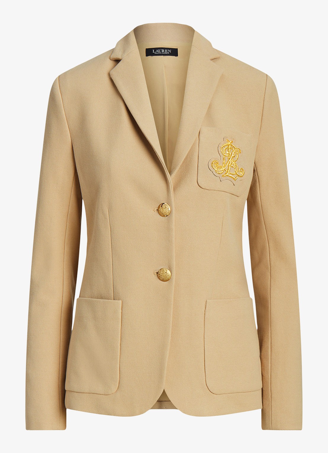 Ralph Lauren Blazer van piqué katoen met metallic logoborduring - voorkant 2 birch tan / beige