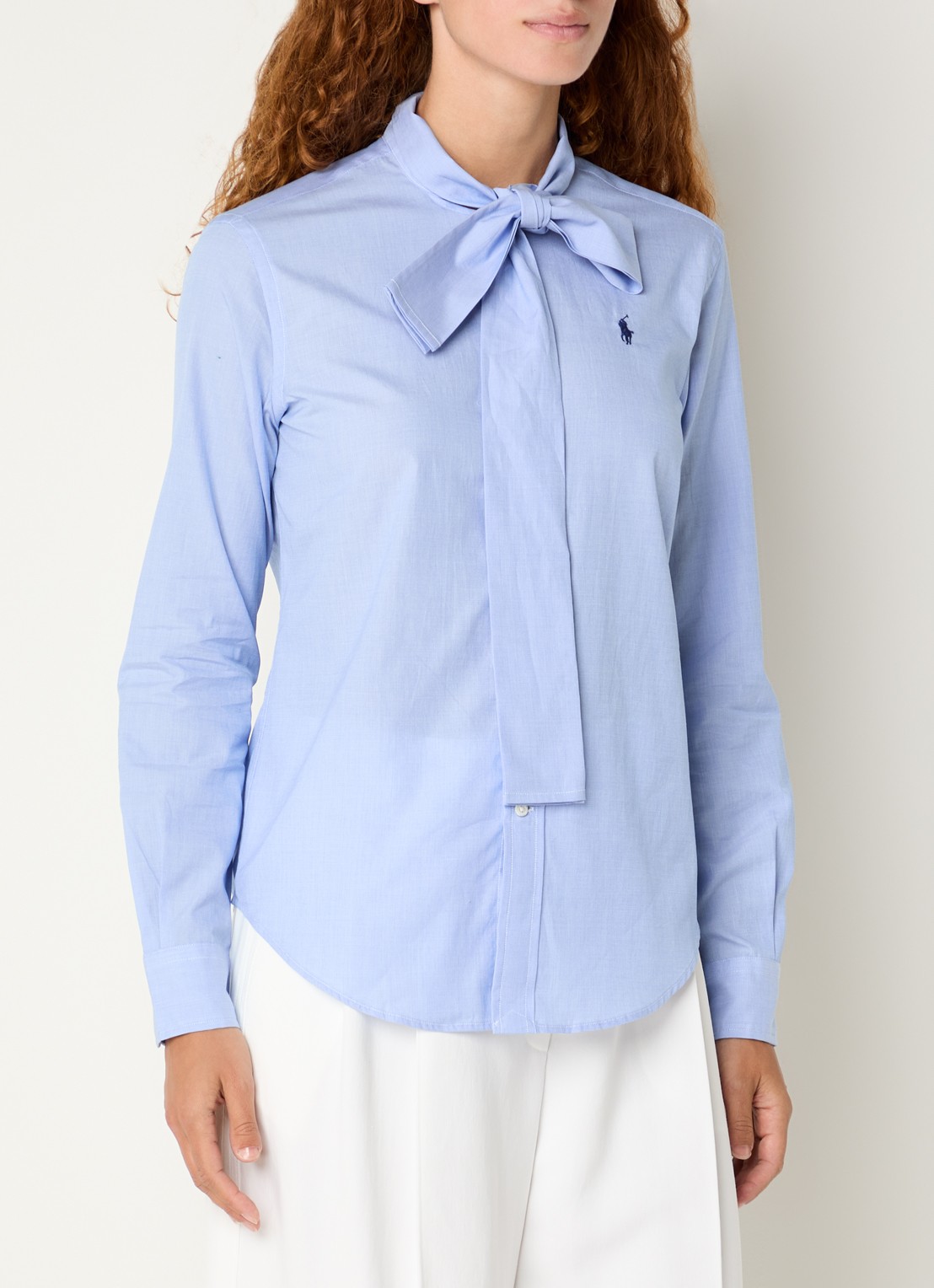 Ralph Lauren Blouse met logo en sjaalkraag - detail blauwgrijs