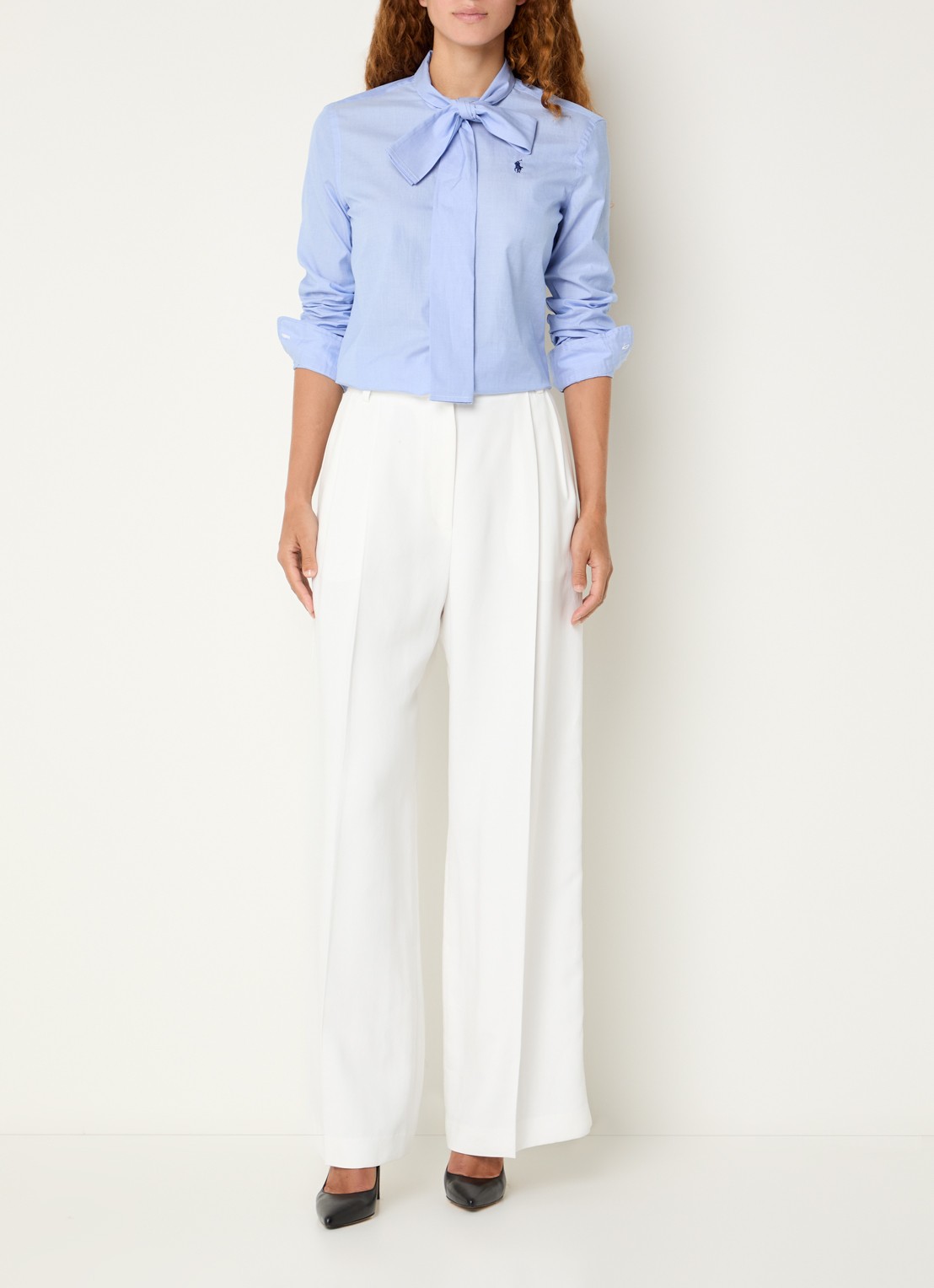 Ralph Lauren Blouse met logo en sjaalkraag - voorkant 3 blauwgrijs