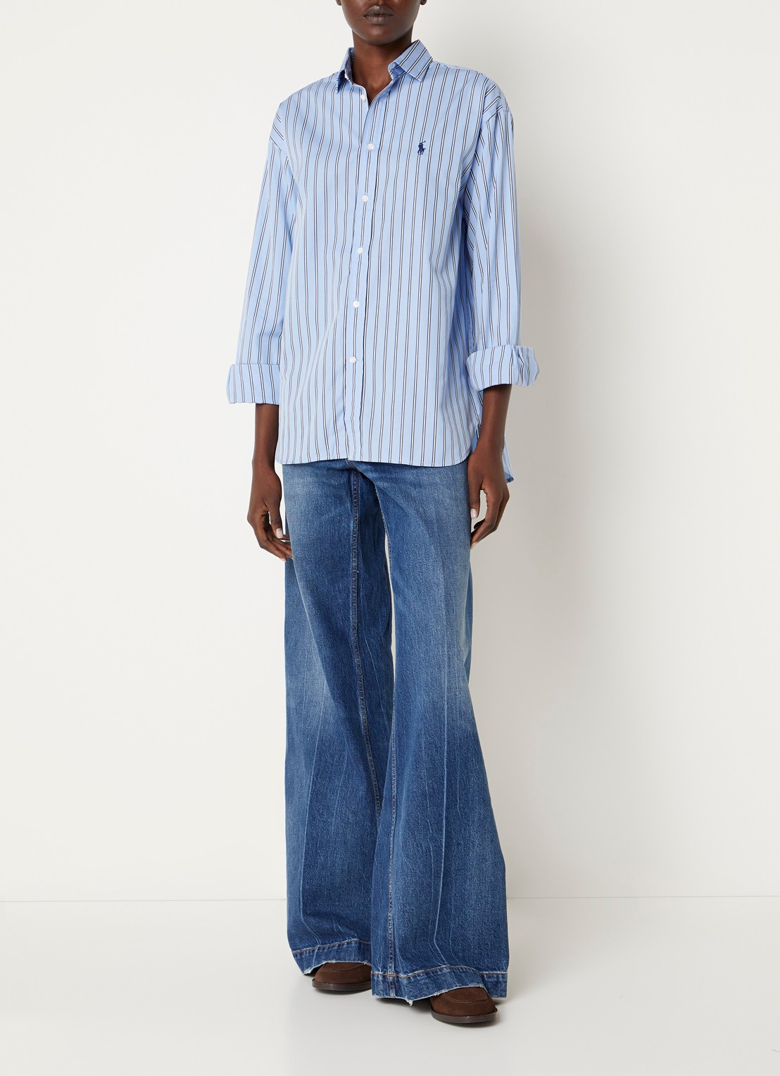 Ralph Lauren Blouse met logo en streepprint - voorkant 2 staalblauw