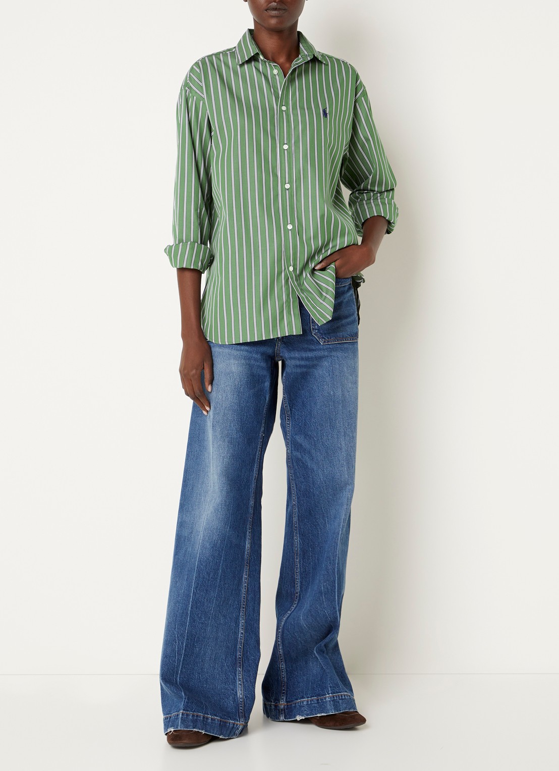 Ralph Lauren Blouse met logo en streepprint - voorkant 4 lindegroen