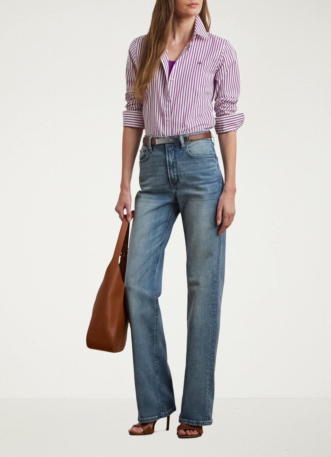 Ralph Lauren Blouse met logoborduring en streepprint - voorkant 2 paars