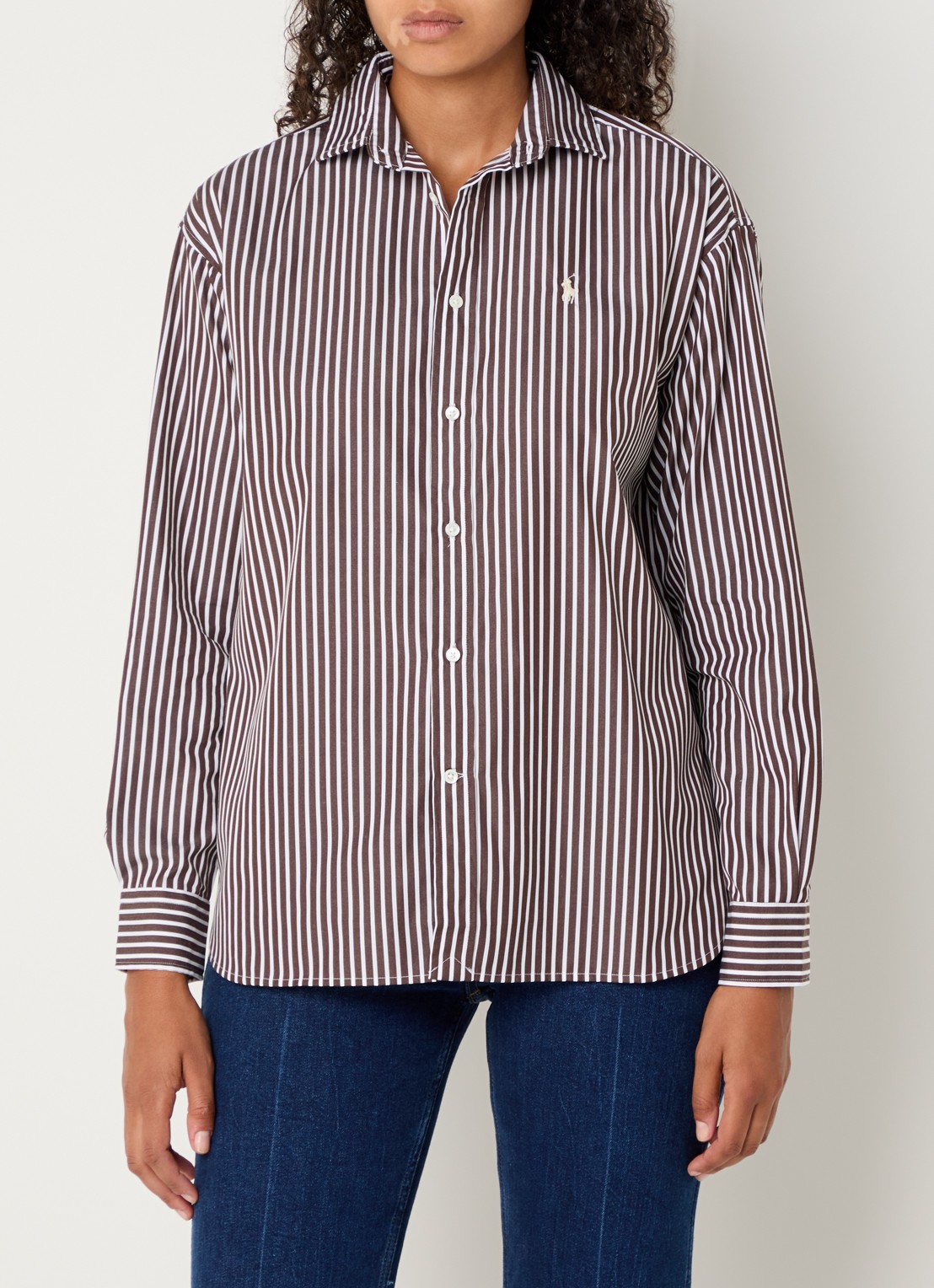 Ralph Lauren Blouse met streepprint en logoborduring - detail donkerbruin