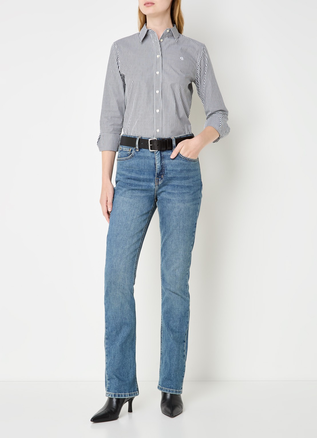 Ralph Lauren Blouse met streepprint en logoborduring - voorkant 2 donkerblauw