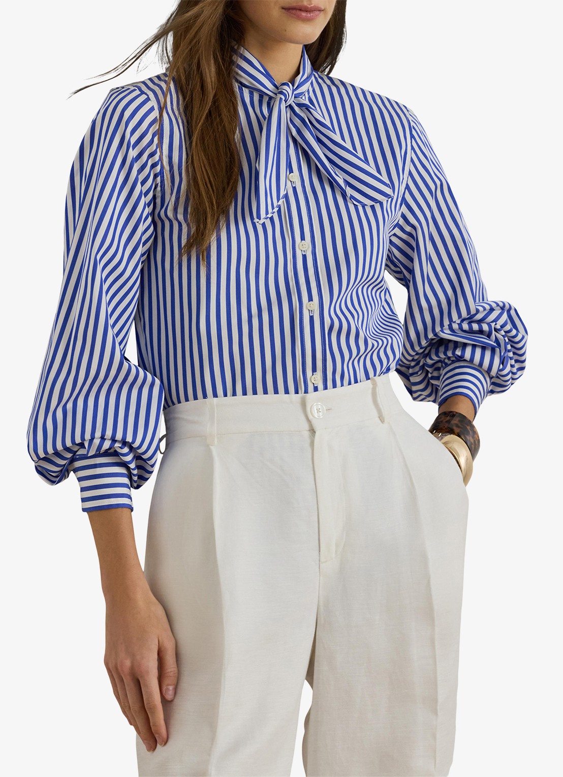 Ralph Lauren Blouse met streepprint en sjaalkraag - detail blue / blauw