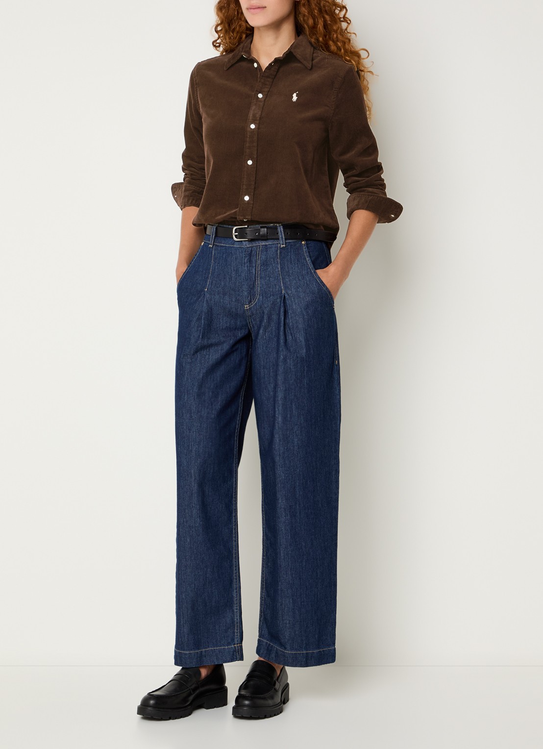 Ralph Lauren Blouse van corduroy met logoborduring - voorkant 4 donkerbruin