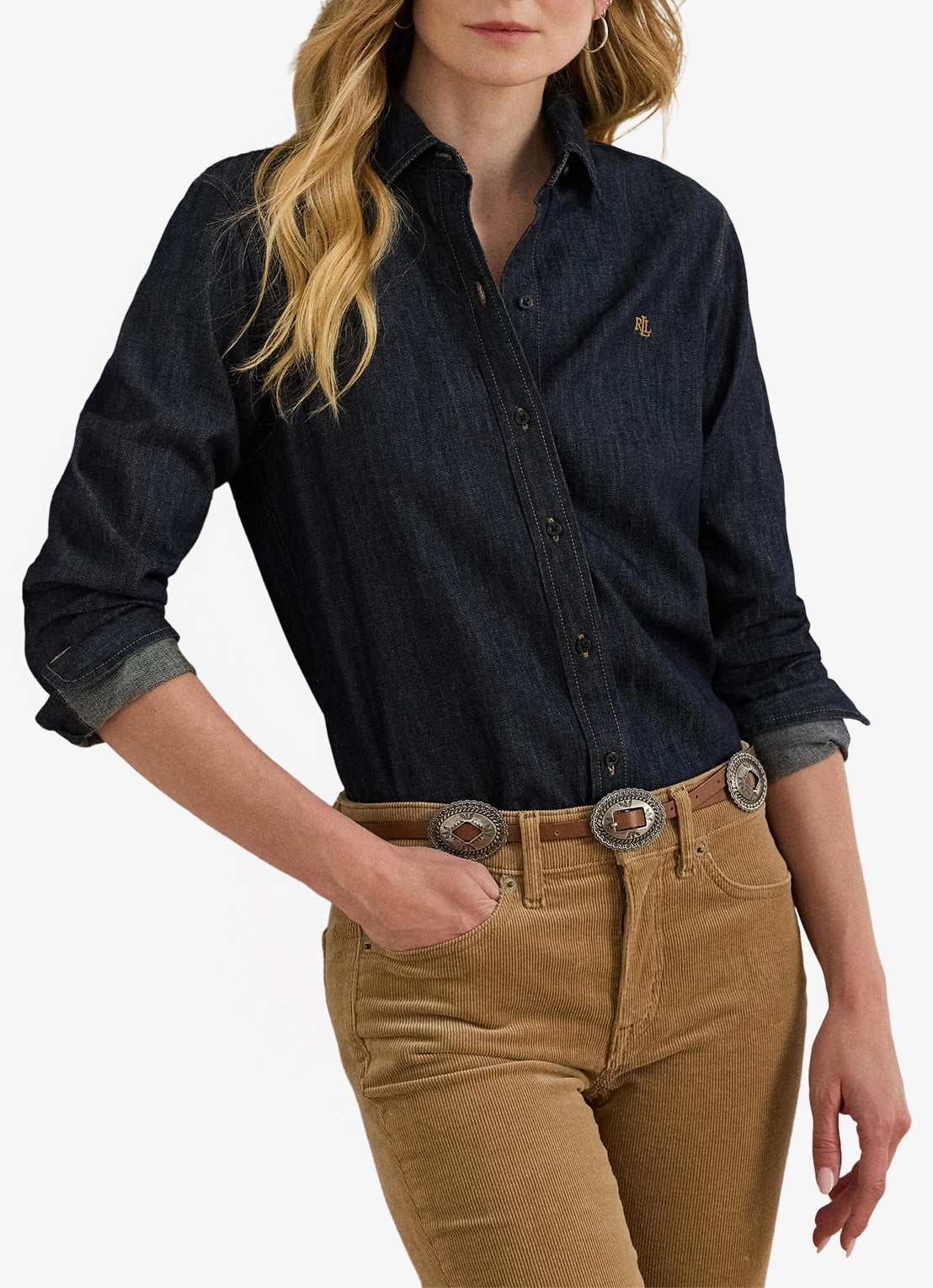 Ralph Lauren Blouse van denim met logoborduring - detail rinse wash / blauw