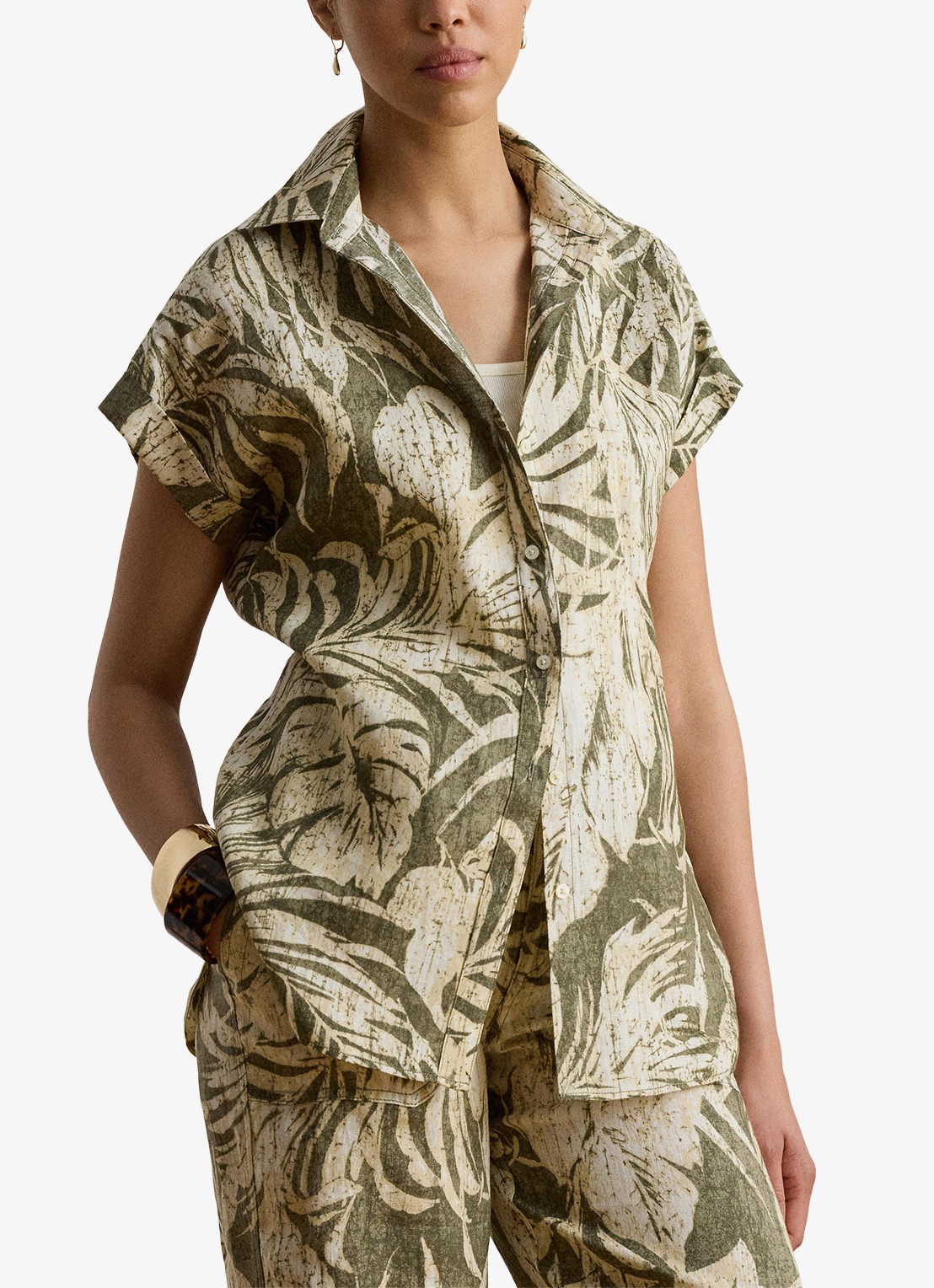 Ralph Lauren Blouse van linnen met bladprint - detail 4 olive grove / groen