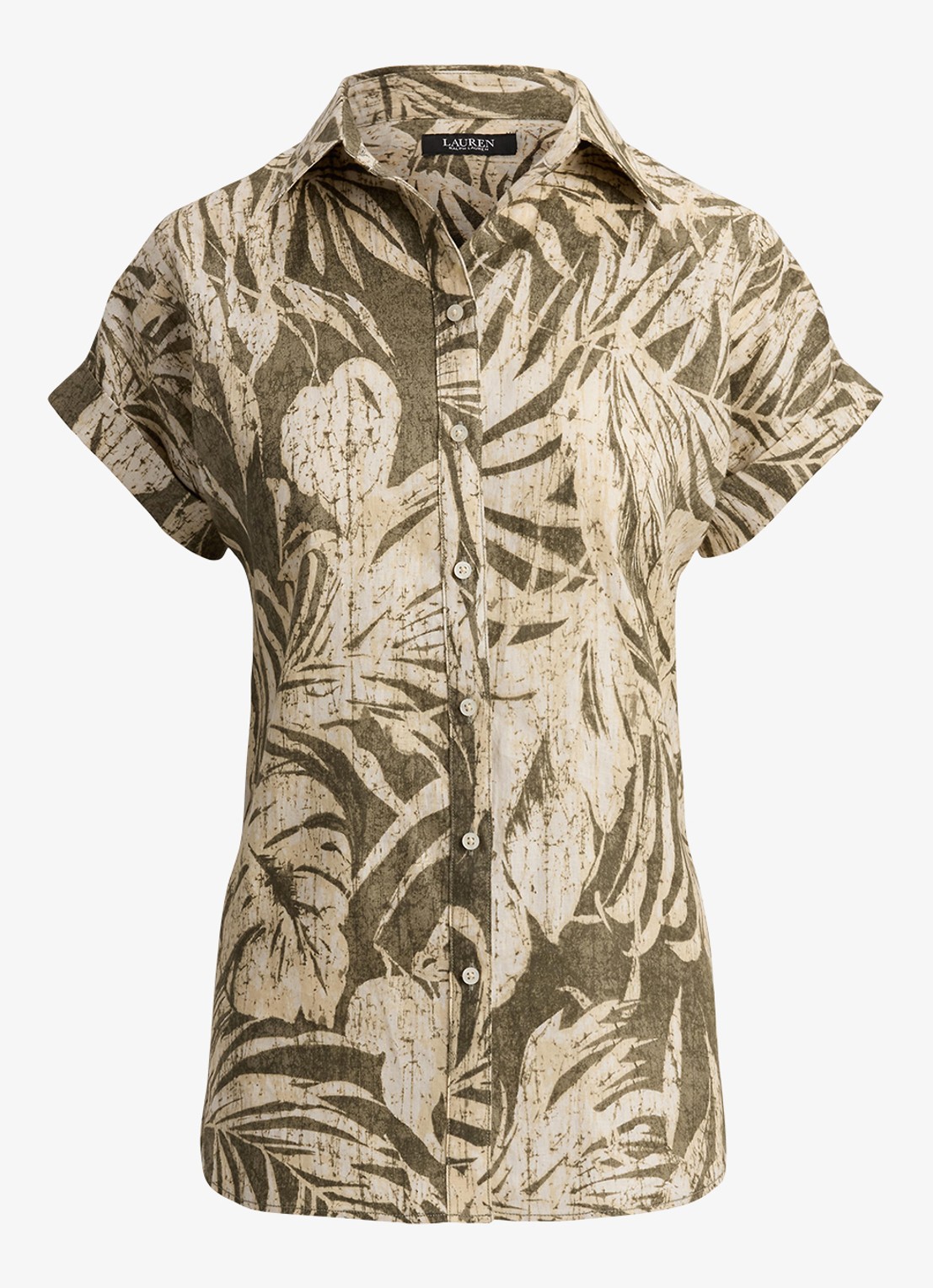 Ralph Lauren Blouse van linnen met bladprint - voorkant 2 olive grove / groen