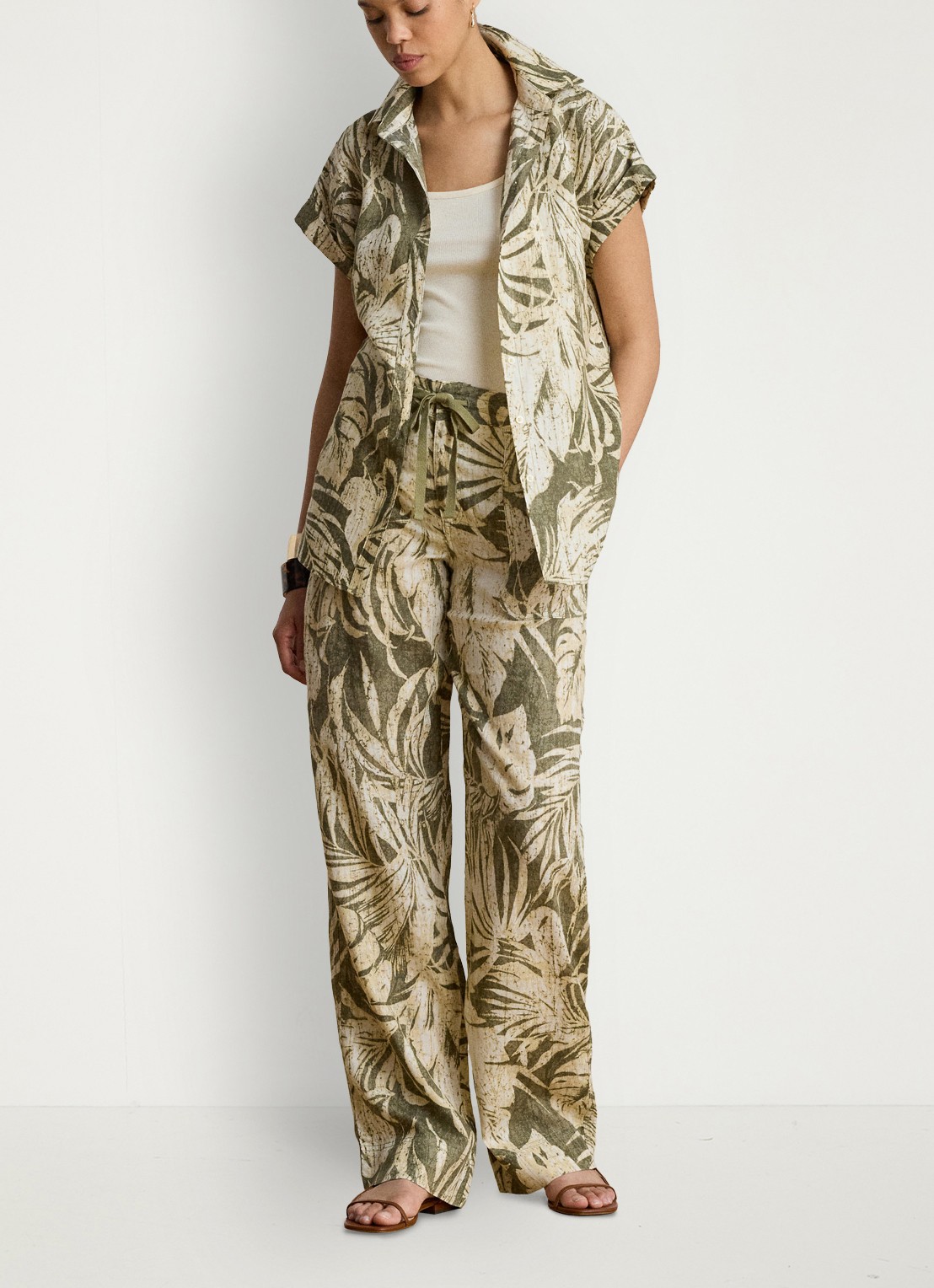 Ralph Lauren Blouse van linnen met bladprint - voorkant 3 olive grove / groen