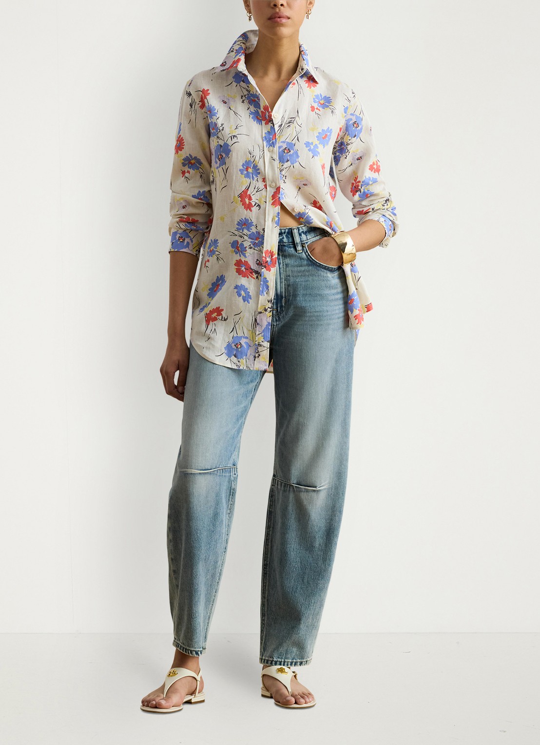 Ralph Lauren Blouse van linnen met bloemenprint - voorkant 2 cream multi / creme