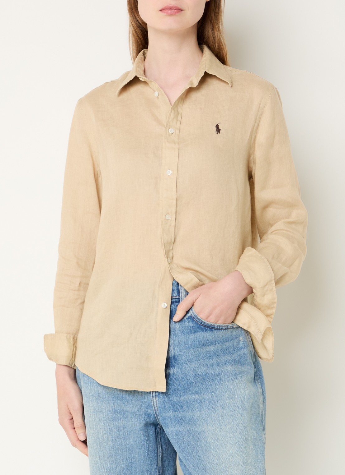 Ralph Lauren Blouse van linnen met logoborduring - detail 4 zand
