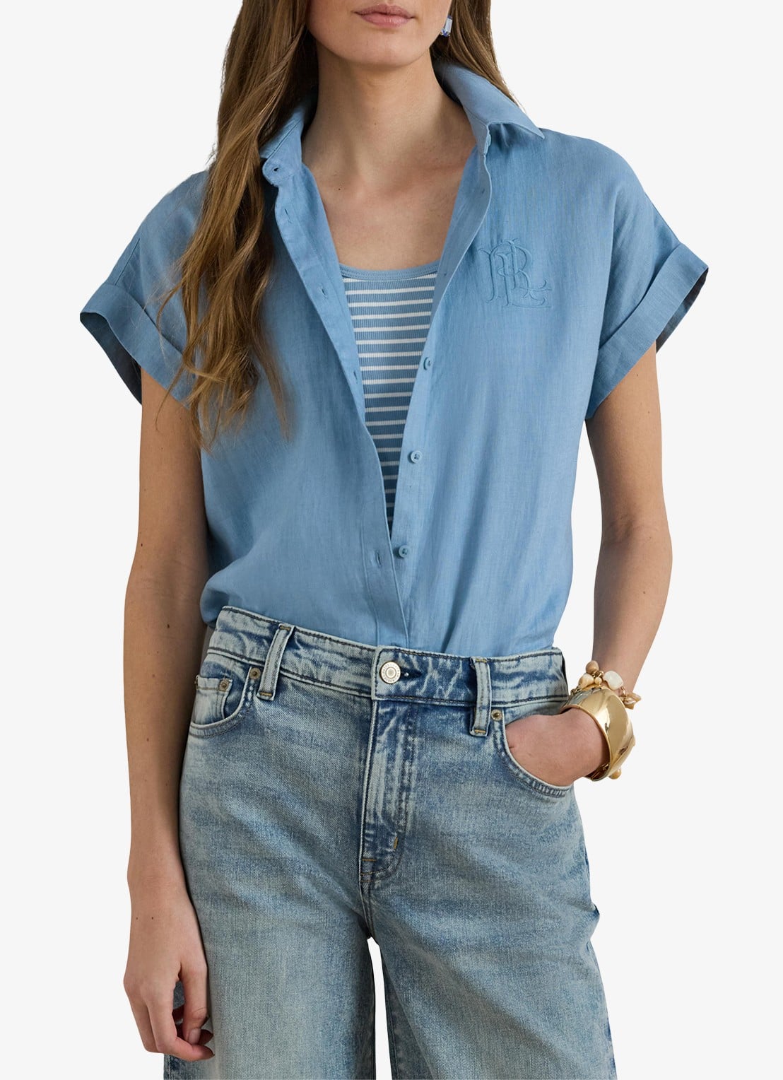 Ralph Lauren Blouse van linnen met logoborduring - detail 4 blue note / blauw