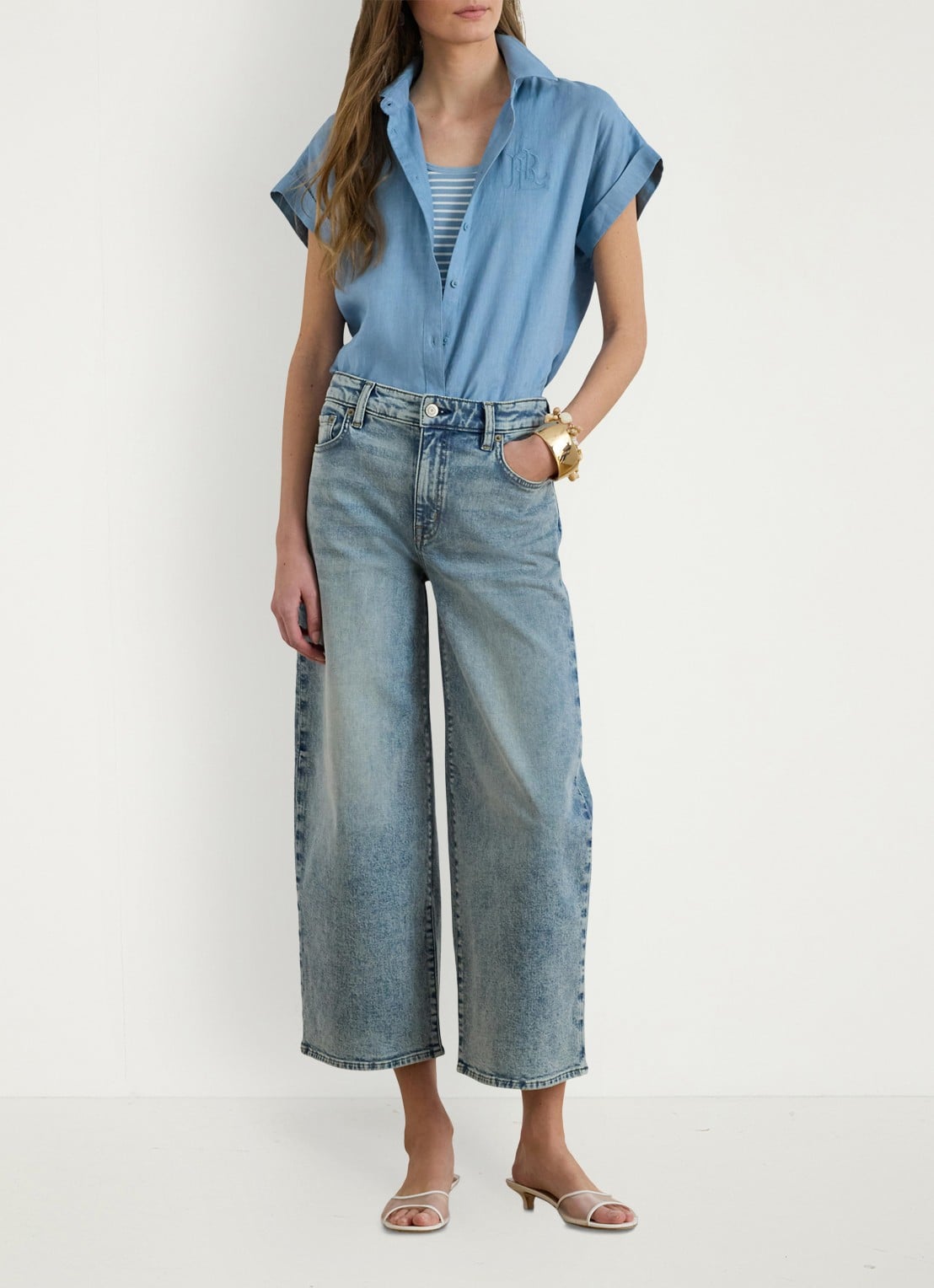 Ralph Lauren Blouse van linnen met logoborduring - voorkant 3 blue note / blauw