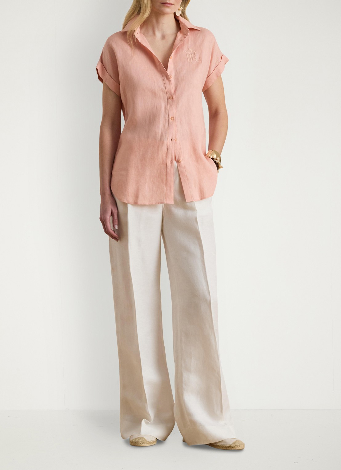 Ralph Lauren Blouse van linnen met logoborduring - voorkant 3 pink rhodonite / roze