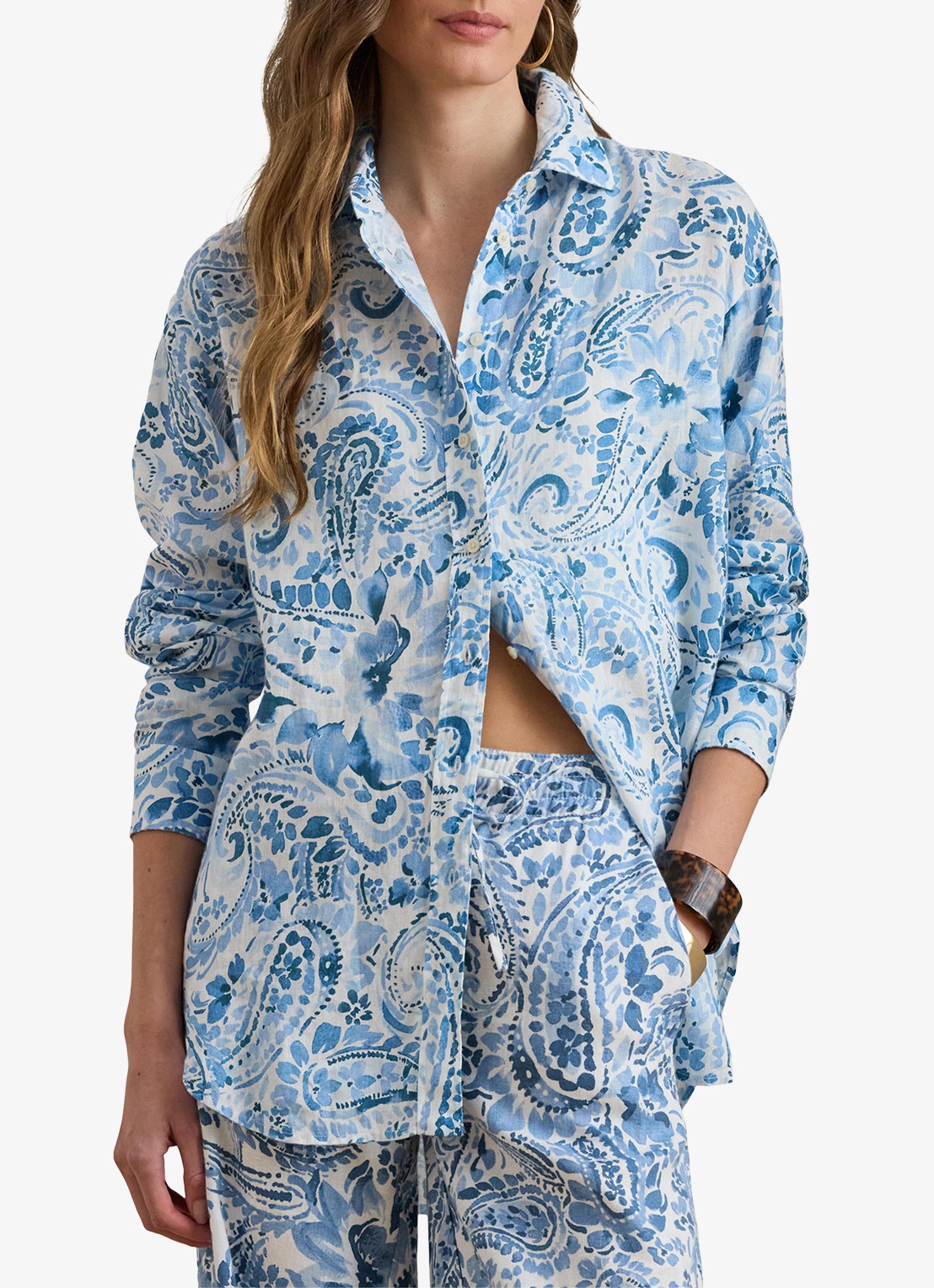 Ralph Lauren Blouse van linnen met paisley dessin - detail 4 white/blue / blauw