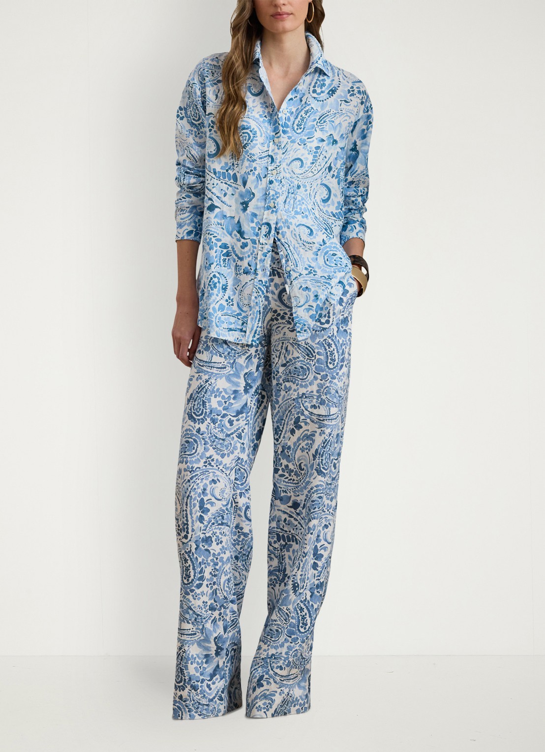 Ralph Lauren Blouse van linnen met paisley dessin - voorkant 3 white/blue / blauw