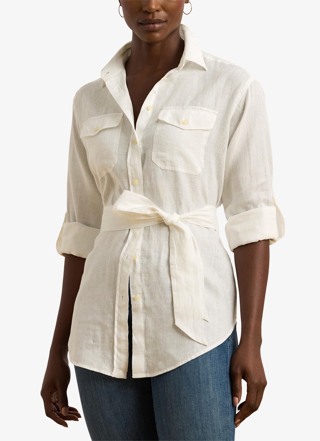 Ralph Lauren Blouse van linnen met strikceintuur - detail white / wit