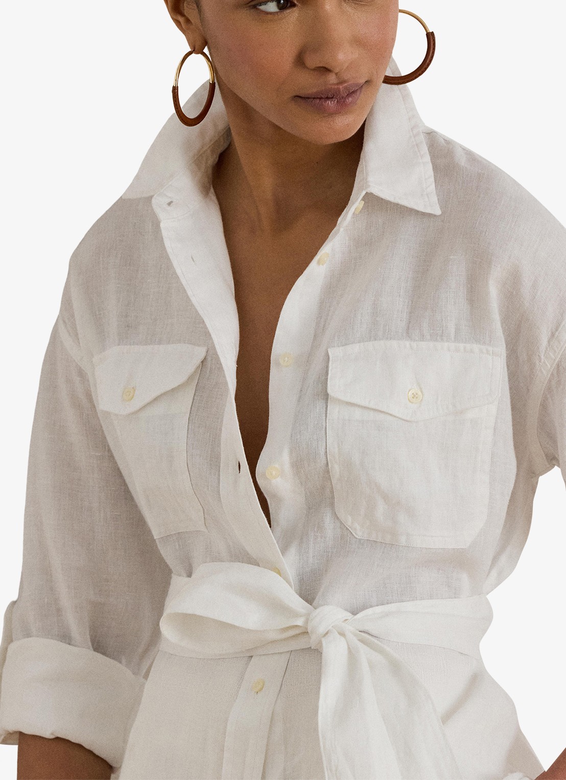 Ralph Lauren Blouse van linnen met strikceintuur - detail 2 white / wit