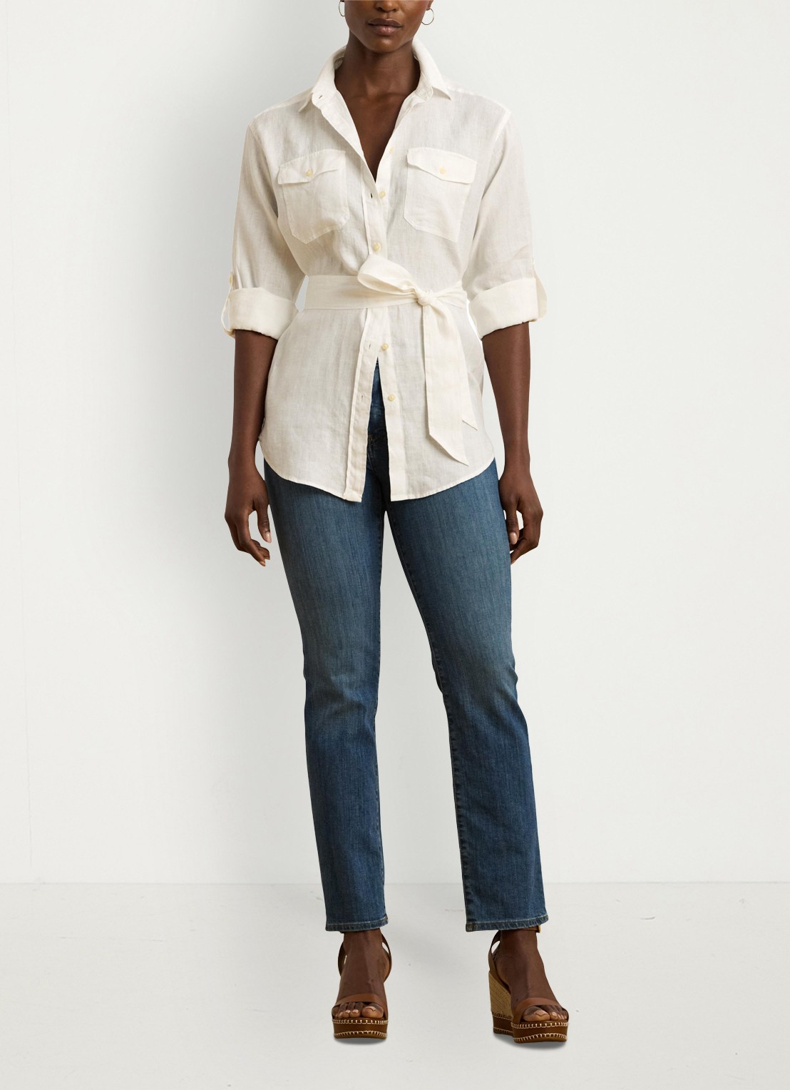 Ralph Lauren Blouse van linnen met strikceintuur - voorkant 4 white / wit