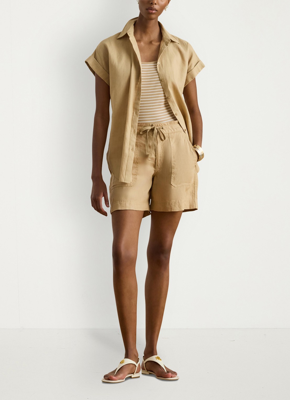 Ralph Lauren Blouse van linnen - voorkant 5 birch tan / beige